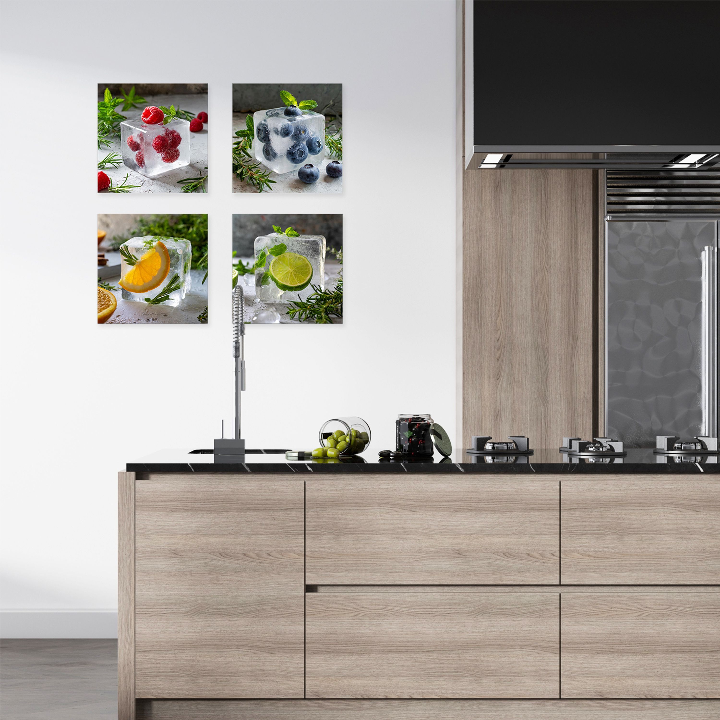 artissimo Glasbild Bild aus Glas 30x30 cm / Wandbild Küche / Küchendeko Wand, Küchenbild: Eiswürfel mit Himbeeren