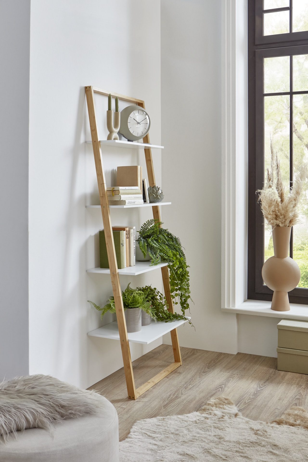freiraum Badregal Leiter, in Bambus / Weiß, Echtholz/MDF - 61,3x164x36,5cm (BxHxT)
