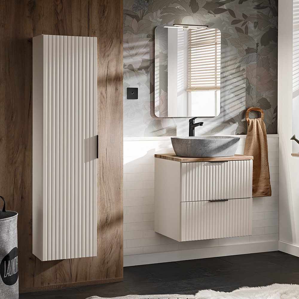Lomadox Badmöbel-Set ADELAIDE-56-CASHMERE, (Spar-Set, 3-St., Hochschrank Doppelwaschtisch LED-Spiegel Keramikwaschbecken), 60cm Waschtisch mit Aufsatzwaschbecken, kaschmir und Eiche