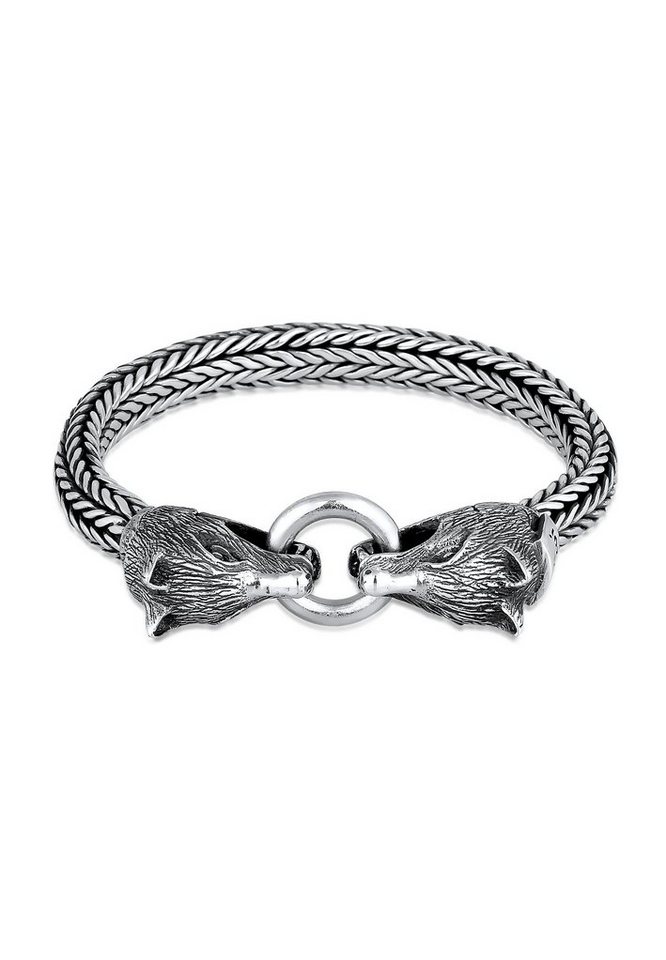 Kuzzoi Armband Herren Wolfskopf Ringverschluss Rund 925 Silber,  Schmuckstück Zopfdesign oxidiert und handgefertigt