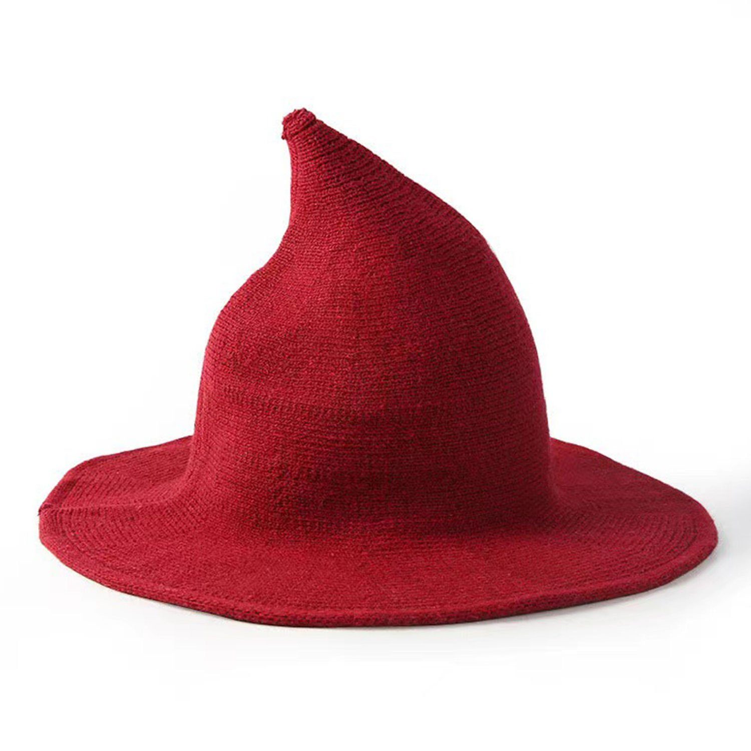 MAGICSHE Fischerhut Hexenhut spitze große Krempe Wollstrickmütze Rot