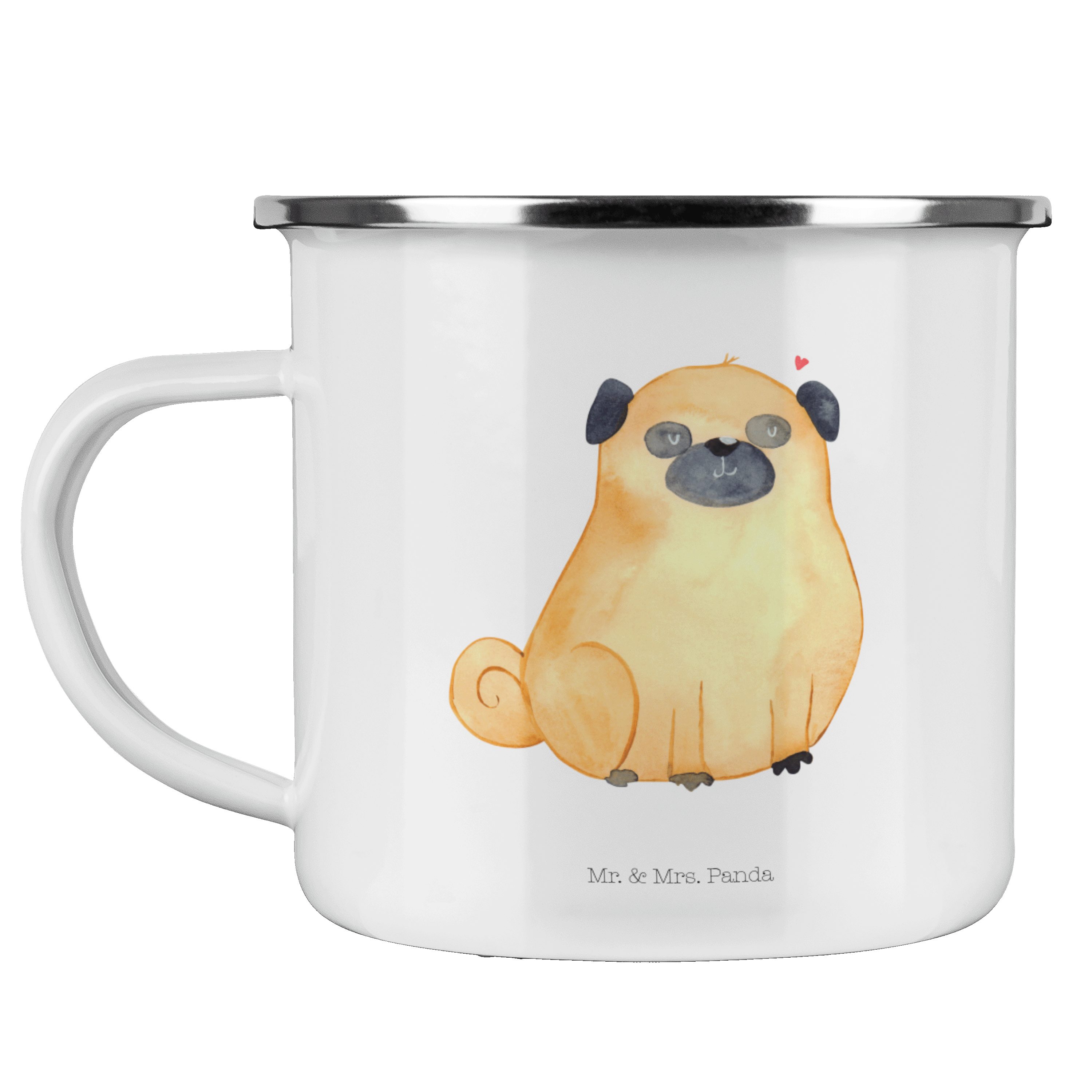 Hu, Becher Geschenk, Mops & Trinkbecher, - Mrs. Panda Mr. - Sprüche, Trinkbecher, Weiß Emaille Emaille