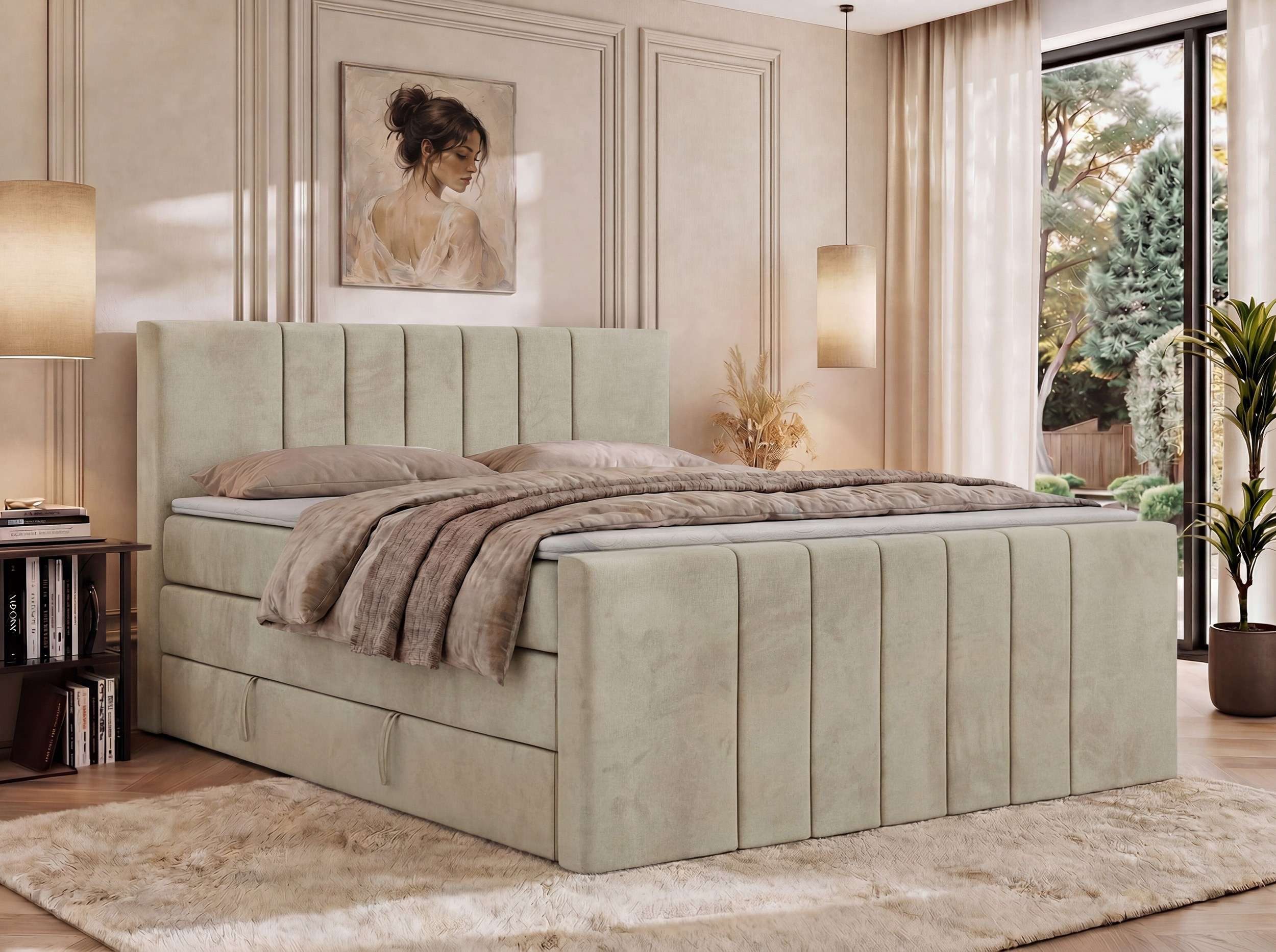 MKS MÖBEL Boxspringbett INERO KING DUO (Packung, Topper T25/ Visco, hohe Kopfteil, Matratzen H3/H4), Doppelbett mit Bettkästen, inkl. Matratzen und Topper, Gasdruckfedern