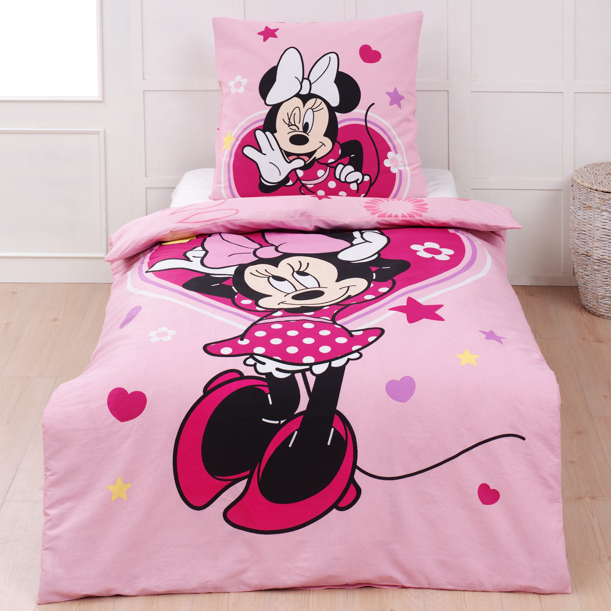 BERONAGE Kinderbettwäsche Minnie Mouse Sweet Pink Bettwäsche Biber / Flanell, 100% Baumwolle, 2 teilig, 135x200 + 80x80 cm – Bild 4 von 5