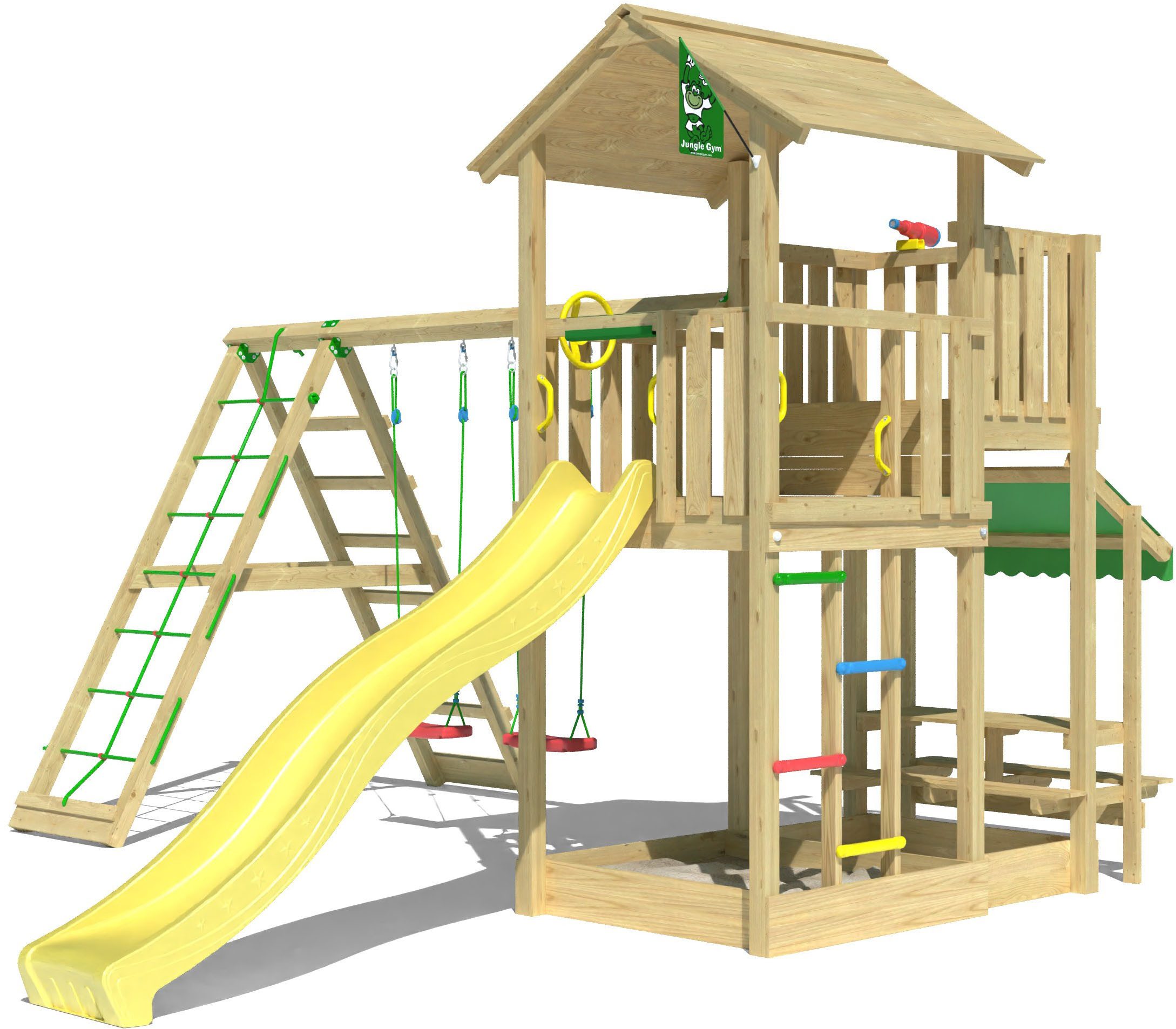 Jungle Gym Spielturm Veranda, Spielanlage mit Schaukel, Kletterbock und Rutsche mit Wasseranschluss