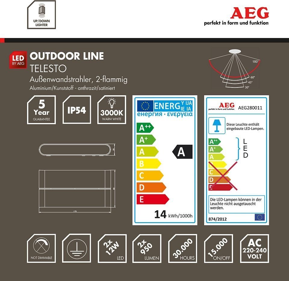 AEG LED Außen-Wandleuchte Haustürbeleuchtung, integriert, 9 fest Aluminium/Kunststoff, LED 18 TELESTO, anthrazit cm, x