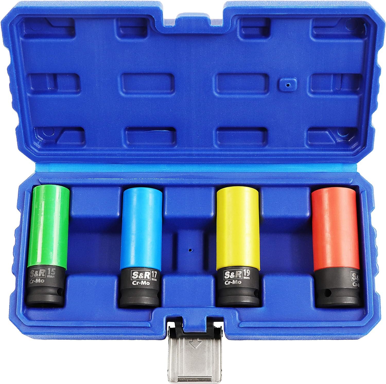 S&R Steckschlüssel Kraft-Schoneinsätze aus Chrom-Molybdän, schlagfest, INDUSTRIE QUALITÄT (Satz, 4 St., 1/2" Einsätze 4-tlg: 15, 17, 19, 21 mm), Steckschlüsseleinsatz Vierkant, Kunststoffhülse zum Schutz von Felgen