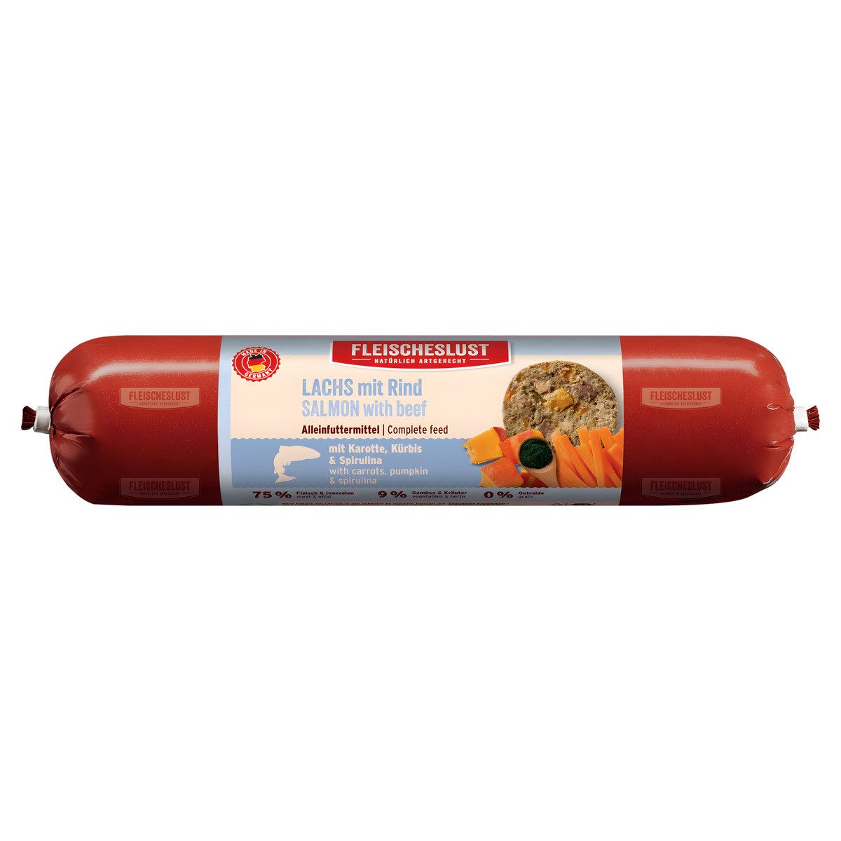 Fleischeslust Classic Lachs mit Rind, Karotte, Kokosflocken & Spirulina 800 g, Nassfutter für: Hund