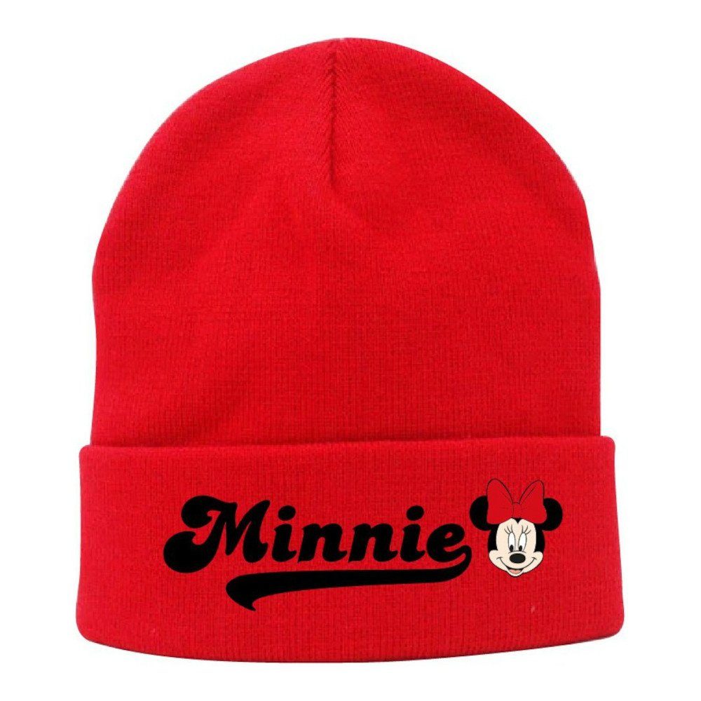 EplusM Strickmütze Minnie Mouse Strickmütze rot mit Schriftzug und Logo