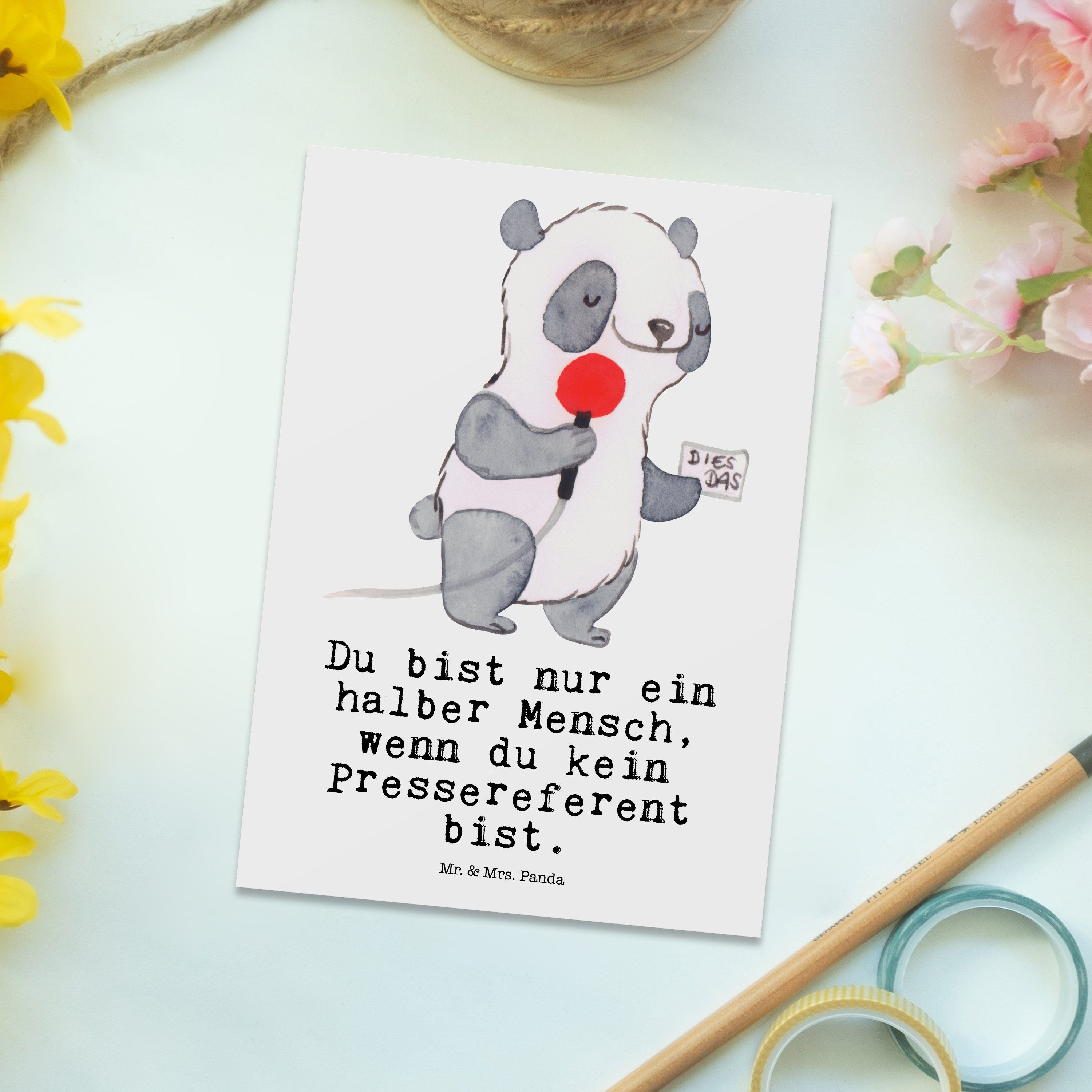 Pressereferent & Panda Weiß Herz Geschenk, - mit Postkarte Gesc Karte, - Mrs. Mr. Presseagentur,