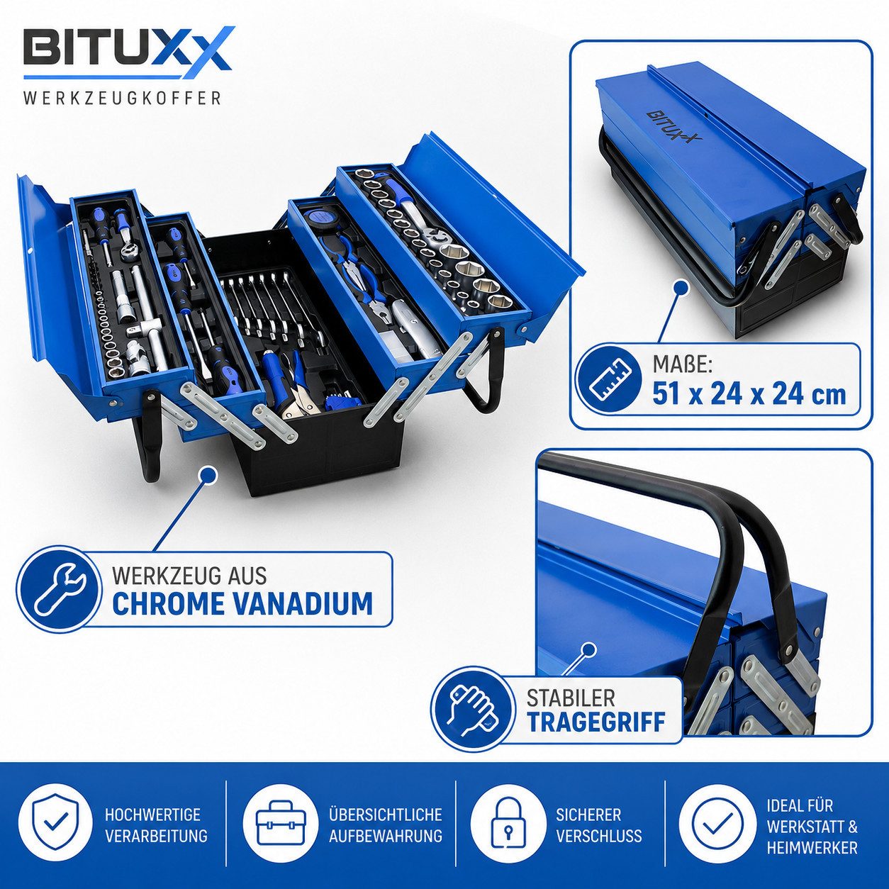 Bituxx Werkzeugkoffer Metall Werkzeugkiste bestückt 85tlg (85 St., MS-19125)