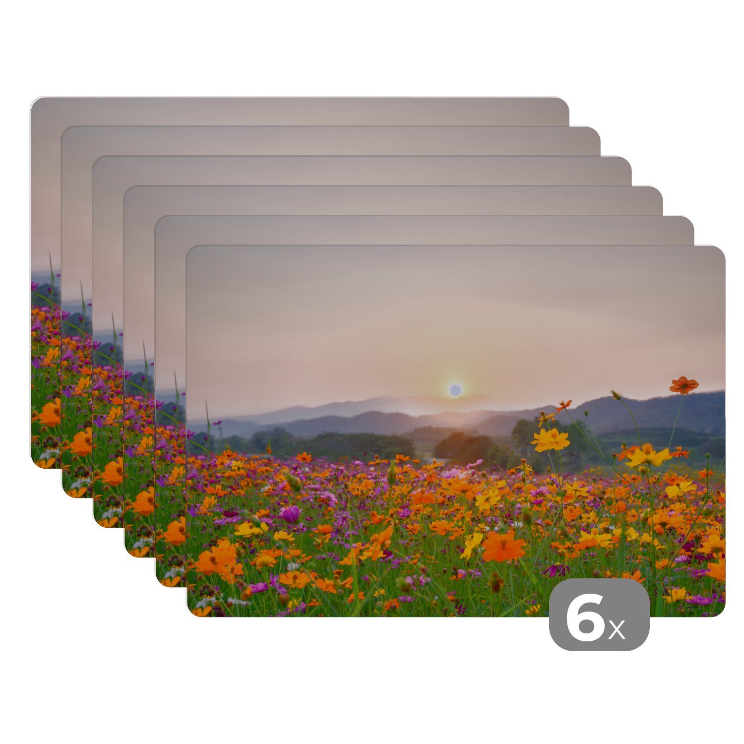 Platzset, Blumen - Sonnenuntergang - Berg, MuchoWow, (6-St), Platzset, Platzdecken, Platzmatte, Tischmatten, Schmutzabweisend