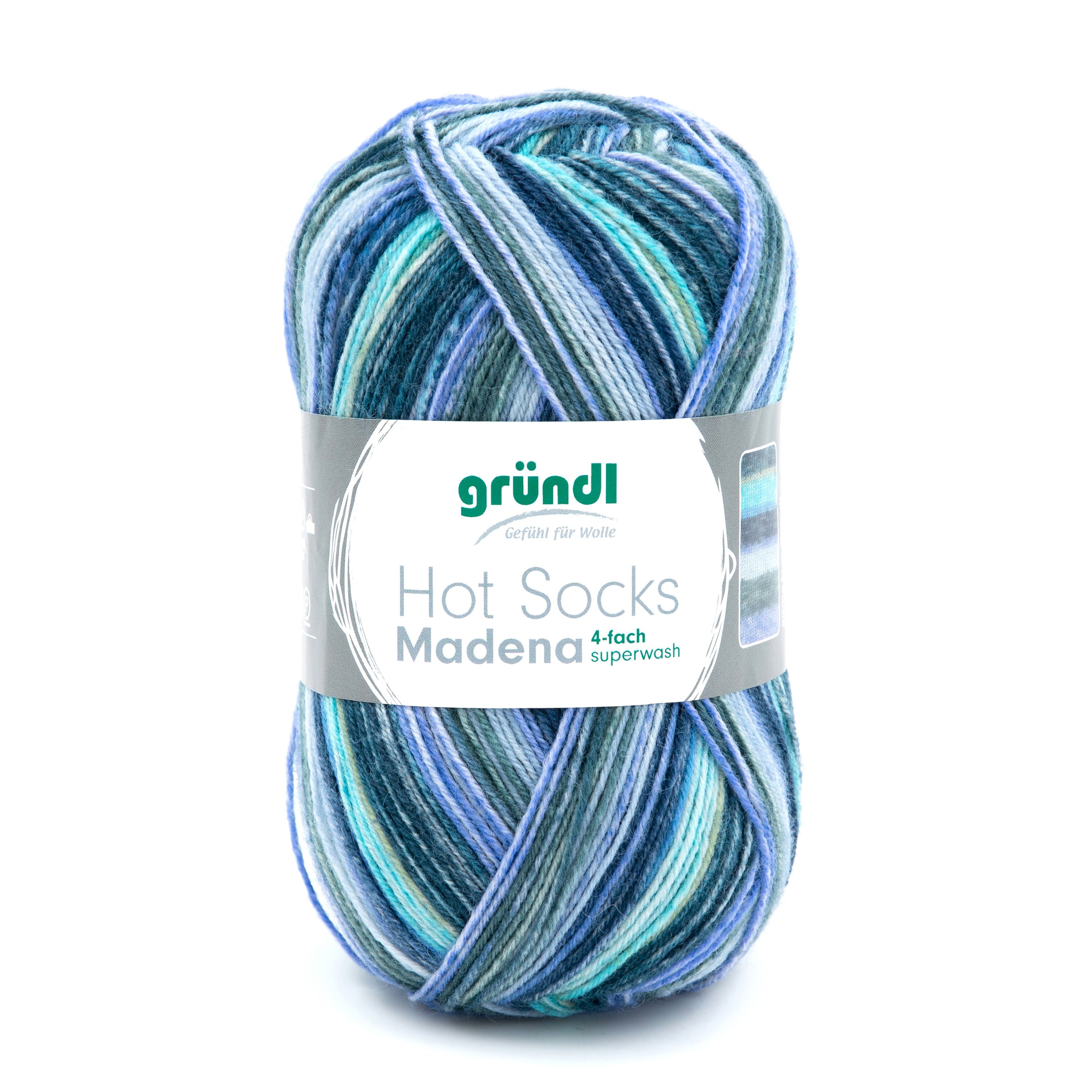Gründl Wolle Hot Socks Madena Sockenwolle 4fädig zum Stricken und Häkeln Häkelwolle, 420,00 m (100g Sockengarn 4-fädig, Strumpfwolle 4-fach, für Ringelsocken, mit Anleitung zum download), 4fach verzwirnt