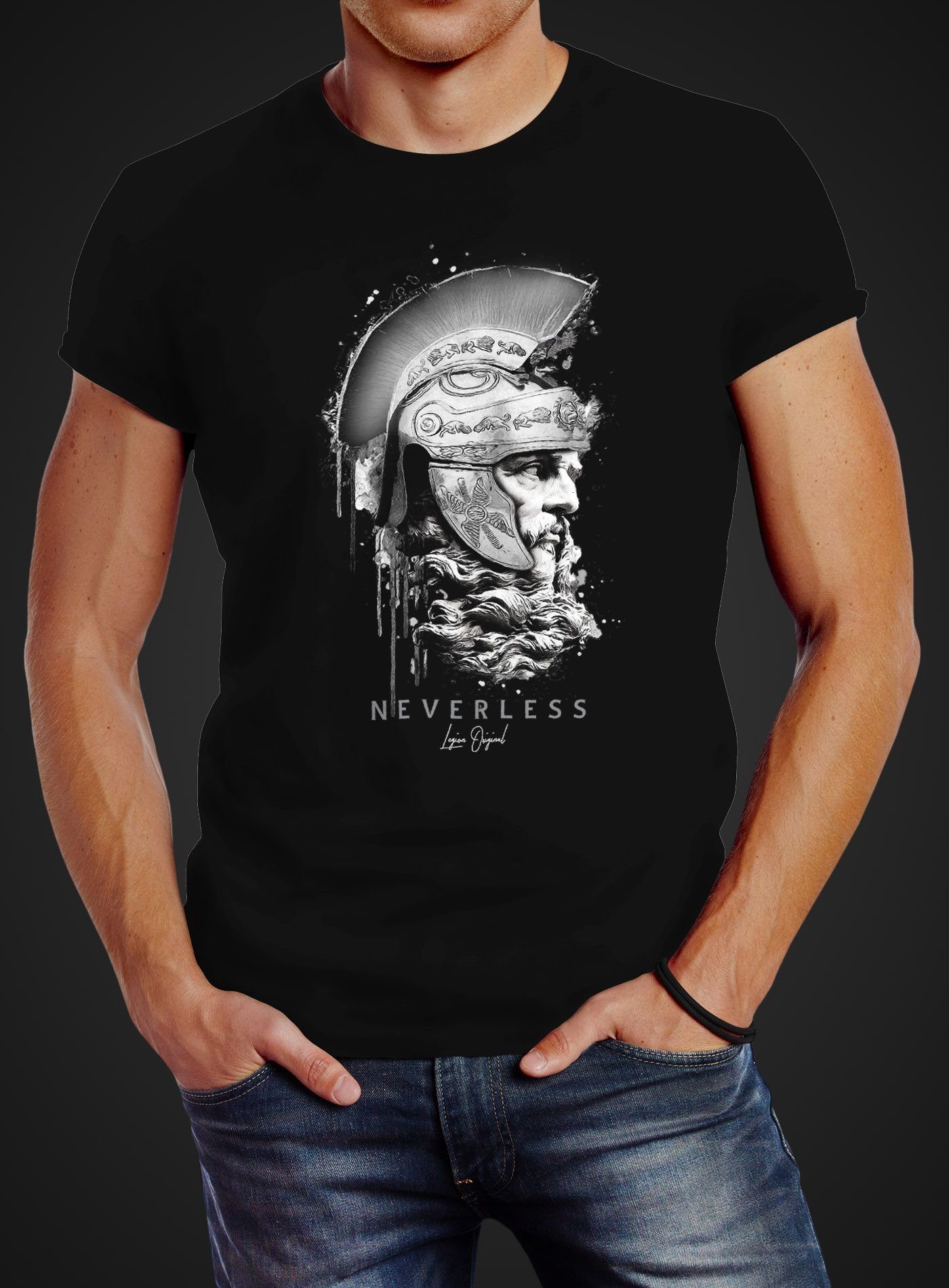 T-Shirt Herren Kopf Sparta Print Neverless Krieger schwarz Spartaner Print-Shirt Fashion Streetstyle Neverless® mit Helm