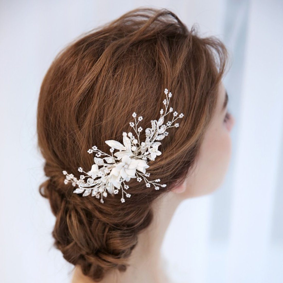 GLAMO Diadem Haarschmuck für Bräute, Kopfschmuck, weiche Keramikblumen für Bräute