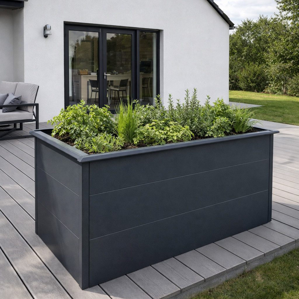 Plats Outdoor solution Hochbeet Hochbeet anthrazit pulverbeschichtet, 150 x 75 x 77 cm (Set), mit integrierter Schneckenkante, pulverbeschichtetem Stahl