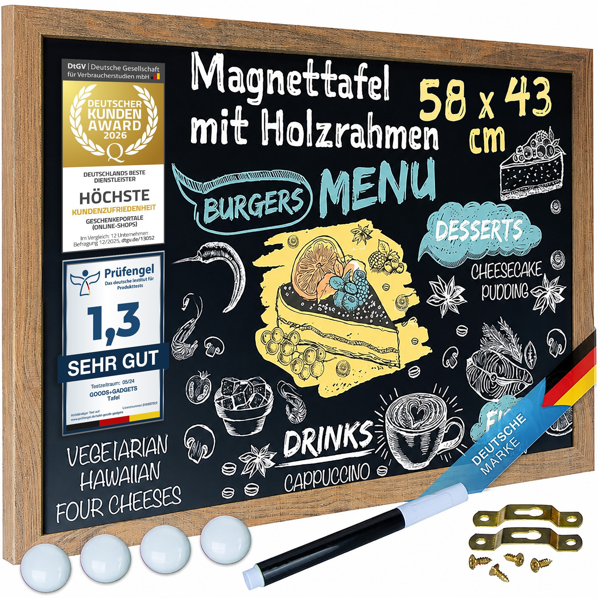 Goods+Gadgets Magnettafel Magnettafel Kreidetafel – Holzrahmen Magnet Board für Küche & Büro, (Magnet-Tafel zum Aufhängen, mit Holz-Rahmen), inkl. Kreidestift & Magnete