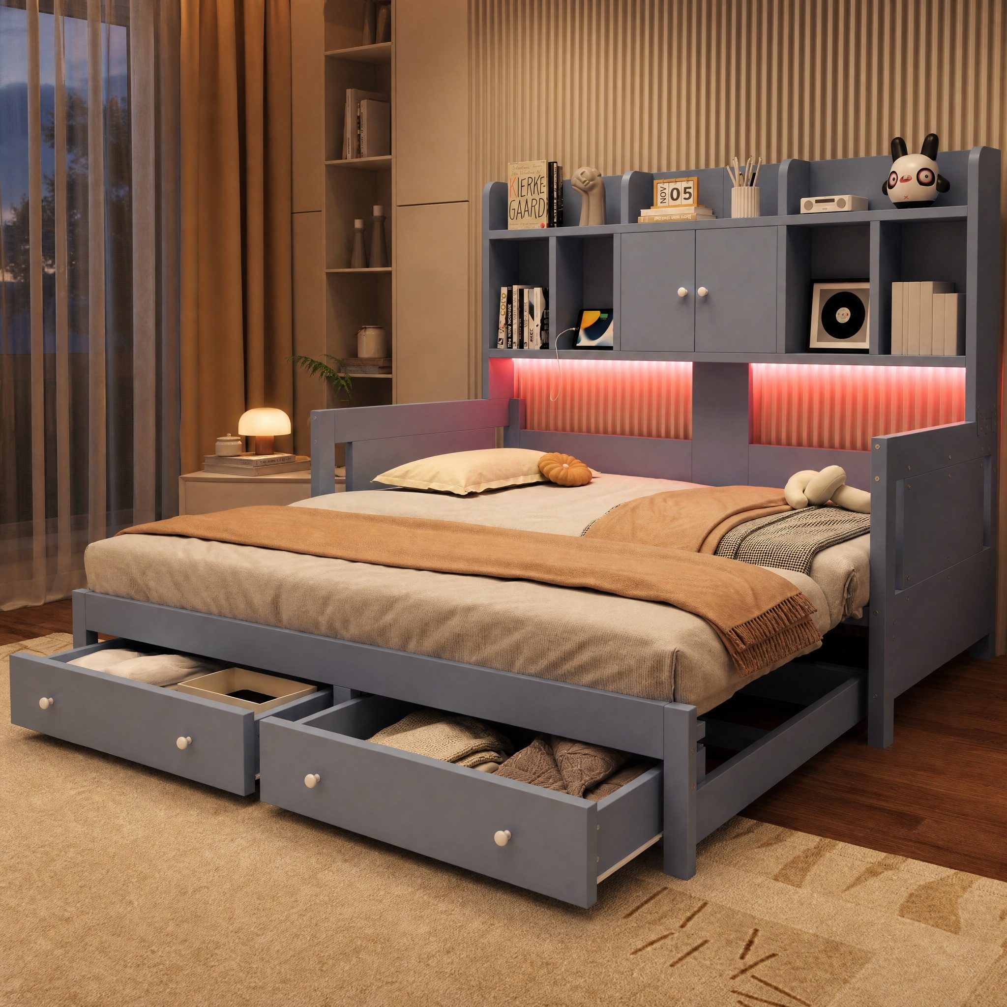 OKWISH Schlafsofa Kinderbett Holzbett, ausziehbares Stauraumbett aus Holz mit LED-Beleuchtung, 90/180x190 cm, integrierten Steckdosen, Stauraum, Schubladen, Schränken und offenen Ablagefächern, ohne Matratze