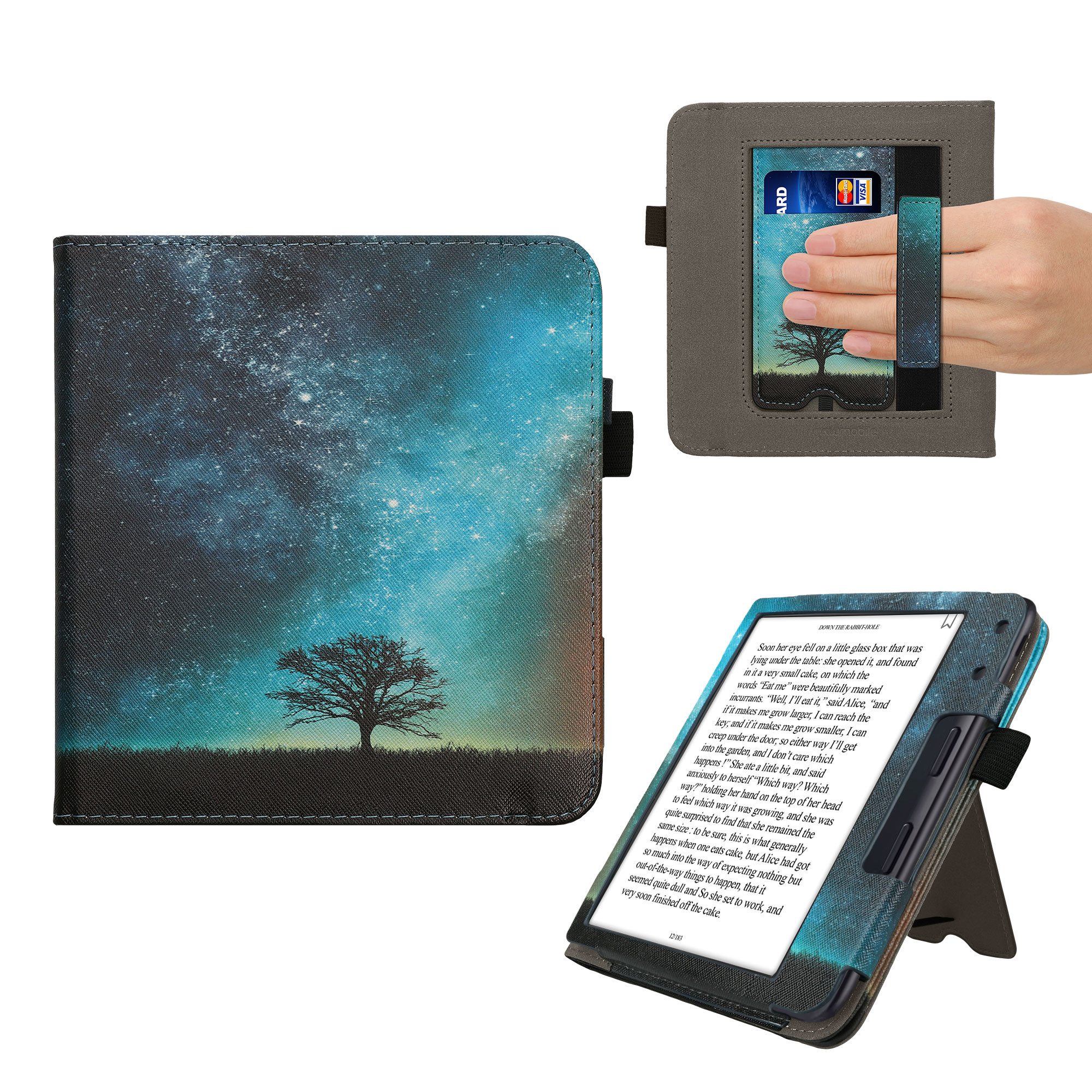 kwmobile Schutz-Set Flip Schutzhülle für Kobo Kobo Libra Colour / Tolino Vision Color, Handschlaufe - Cover Galaxie Baum Wiese Design