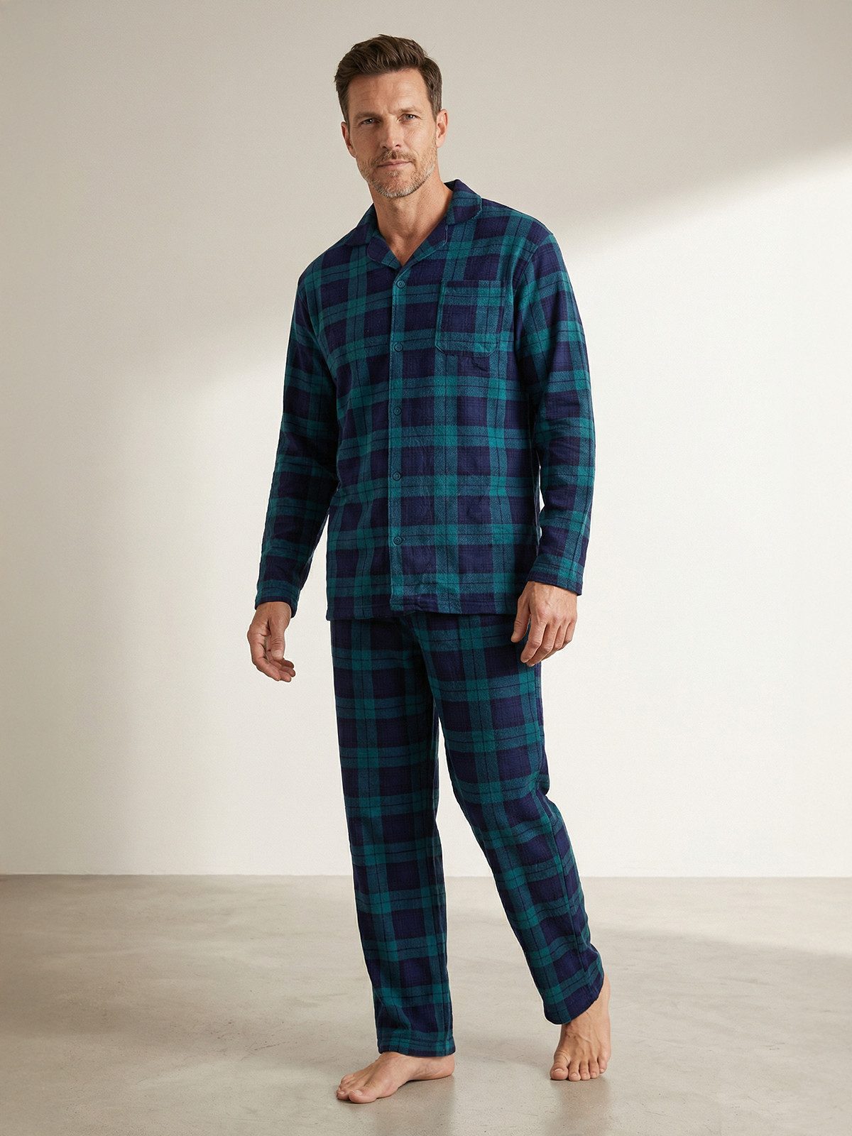 Henry Terre Pyjama Kent Langarm - Velour Karo Design Hemdkragen durchgeknöpft