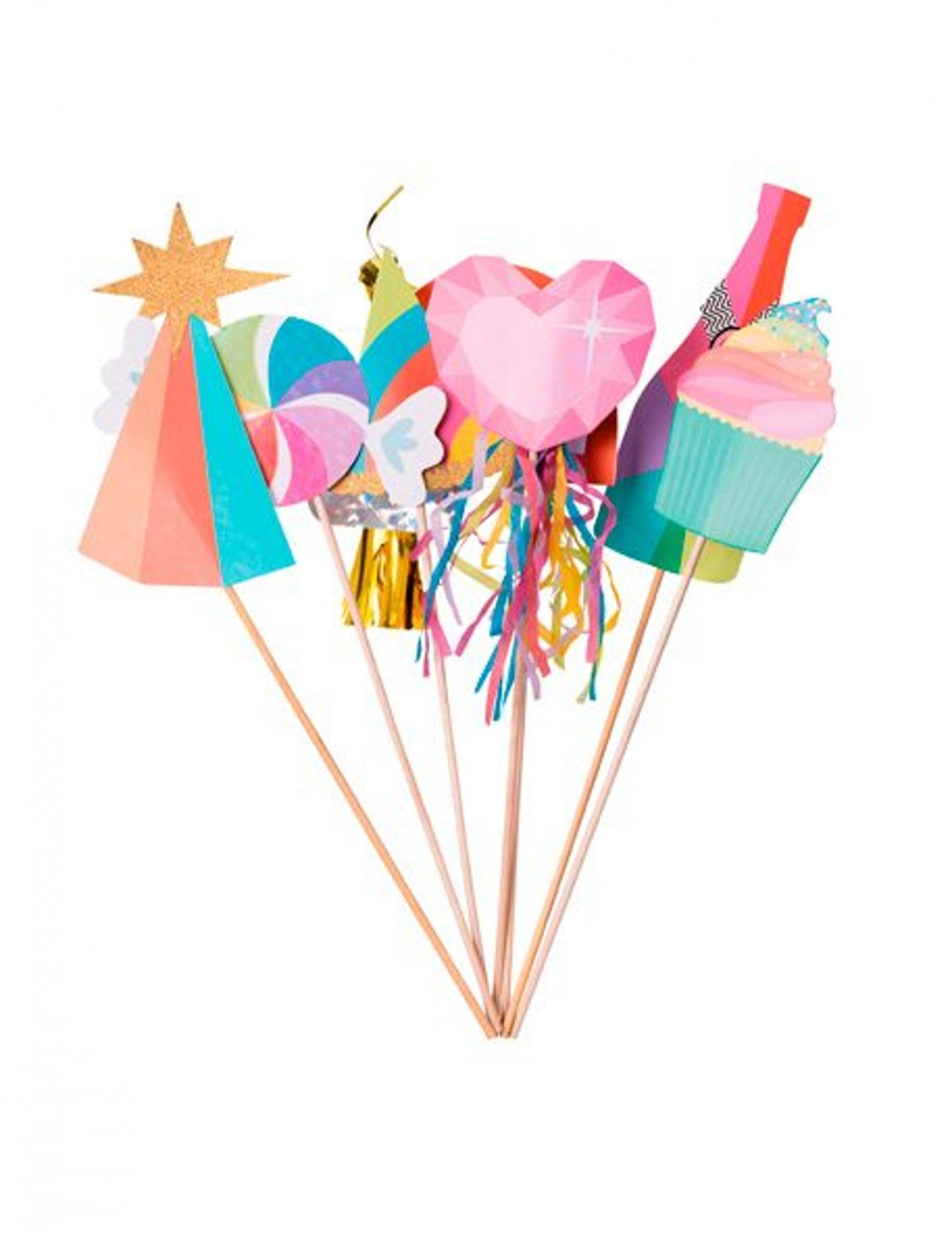 Kostüm Buntes Photobooth-Set mit Quasten und goldenem Glitzer 7-teilig