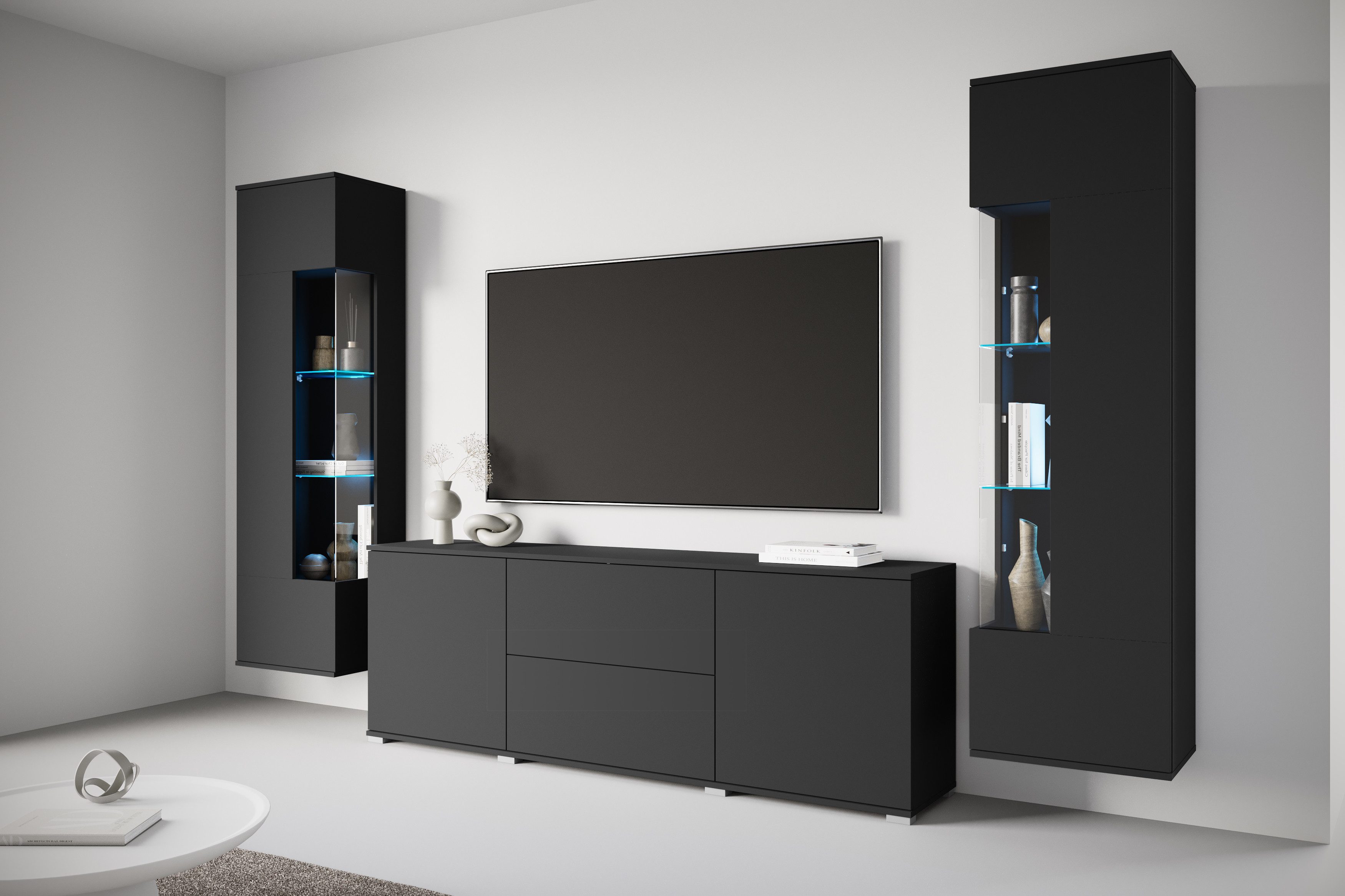 OTTO home Wohnwand KENIA, (Komplett-Set, 3-St), Vitrinen mit Eckverglasung, hängend und stehend montierbar
