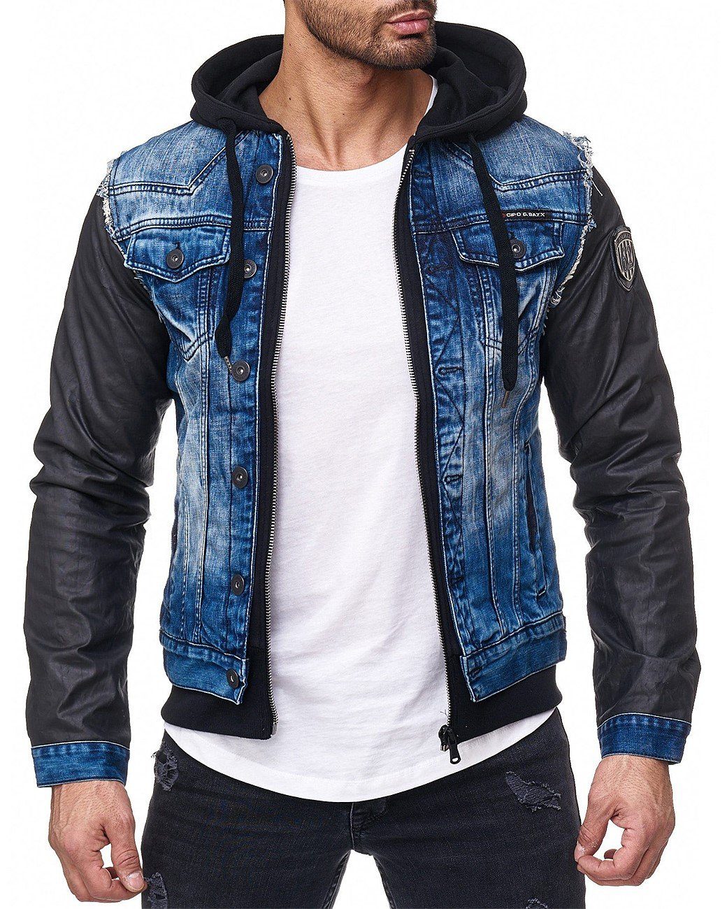 Cipo & Baxx Jeansjacke Kapuzen Denim Jacke BA-C-1290 (1-St) mit Metall Patch am Oberarm