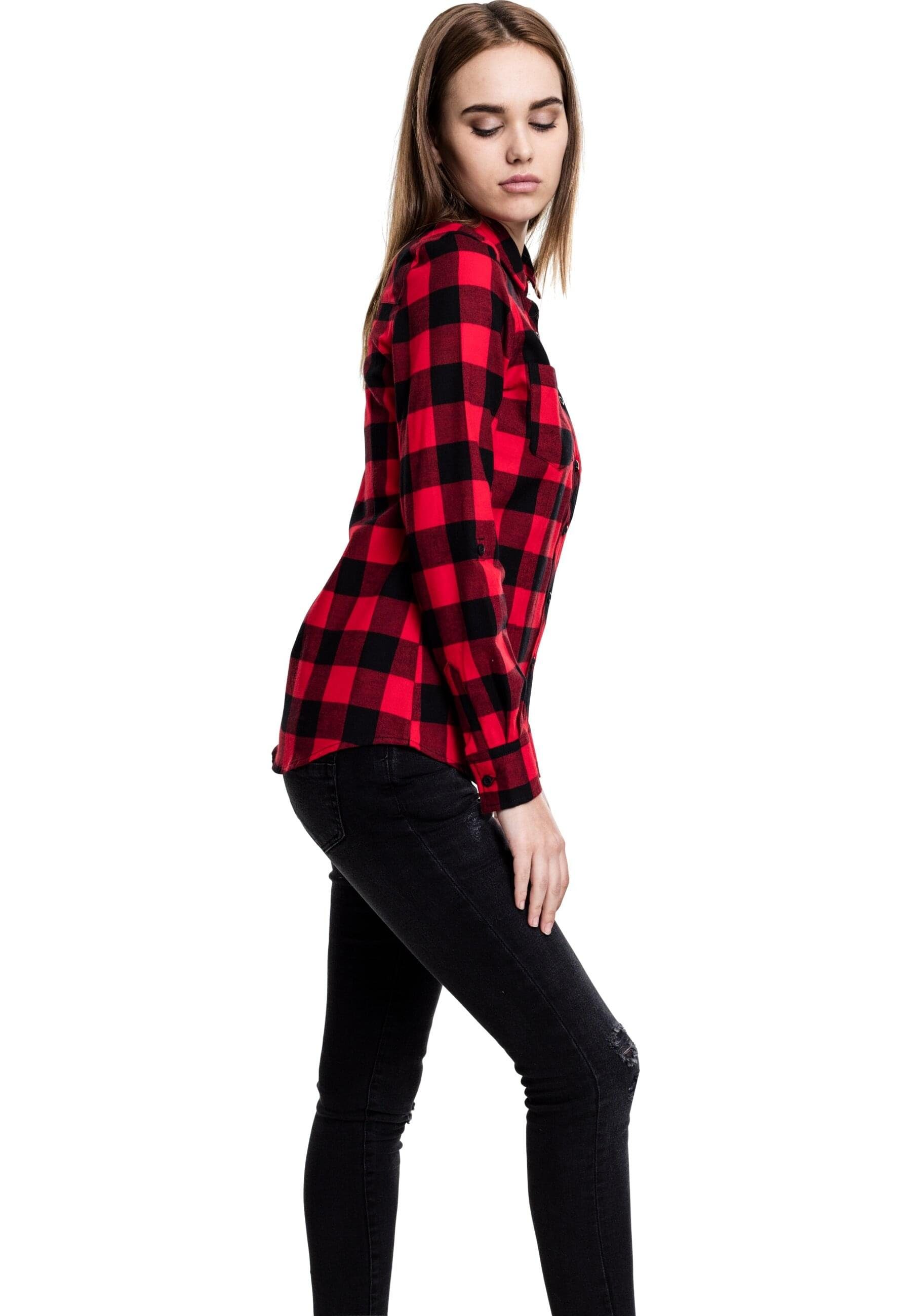 URBAN CLASSICS Langarmhemd Damen Ladies Checked Flanell (1-tlg) black-rot Shirt Turnup