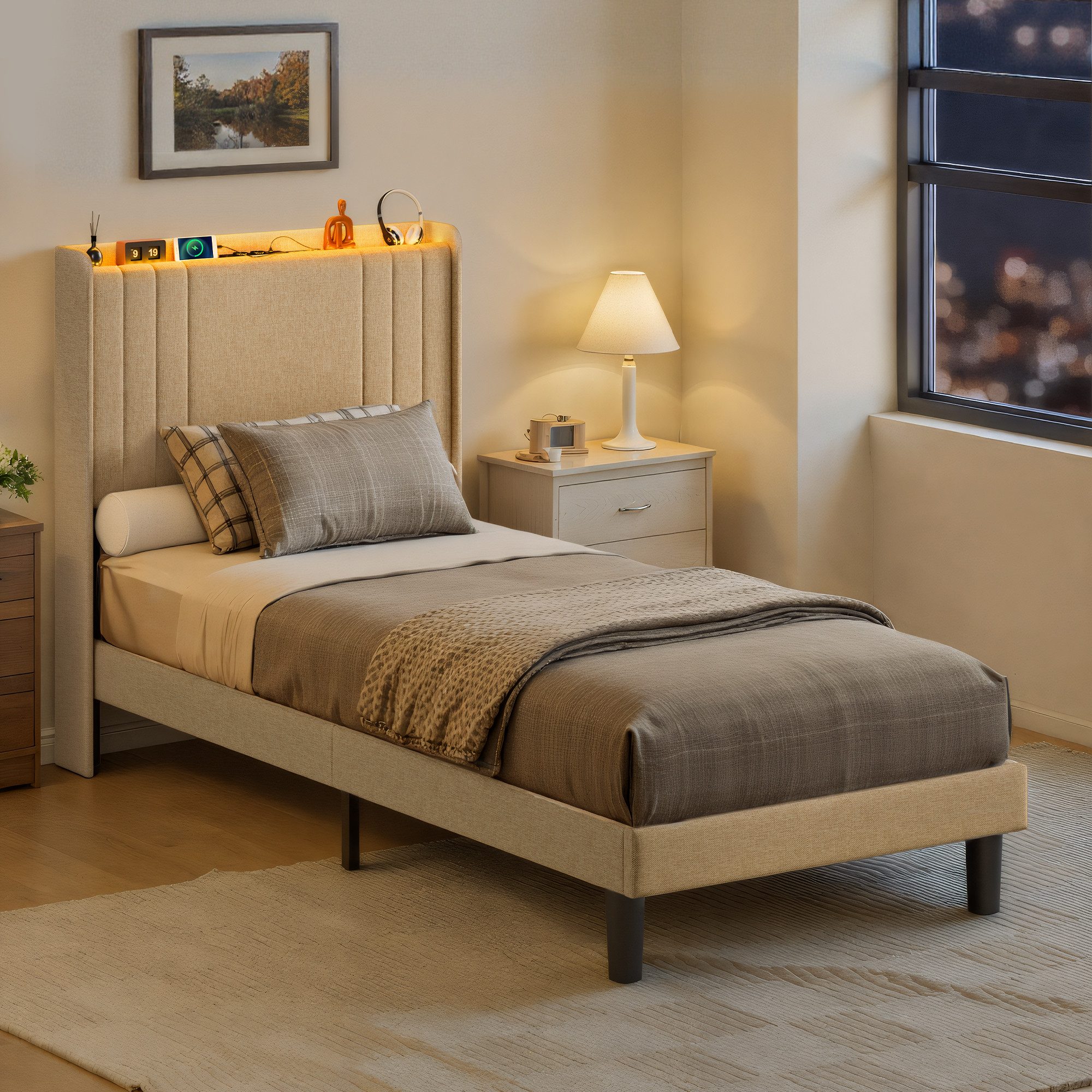 Bealife Polsterbett lsterbett Einzelbett,Bettgestell mit Kopfteil, Steckdosen, LED-Licht (2 Modelle (90x200, 120x200)
