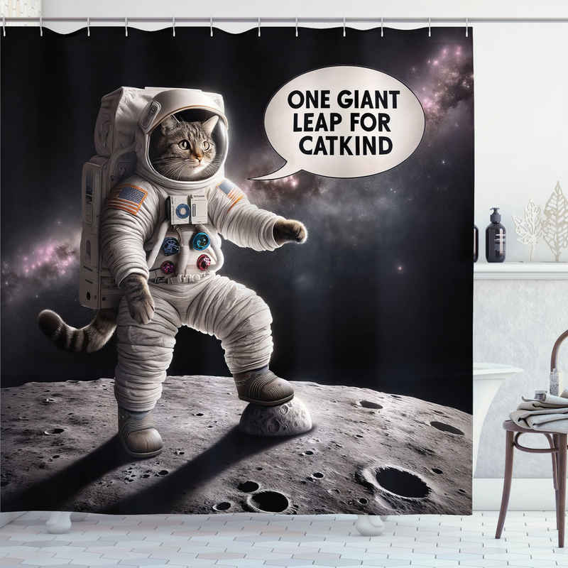 Abakuhaus Duschvorhang Moderner Digitaldruck mit 12 Haken auf Stoff Wasser Resistent Breite 175 cm, Höhe 180 cm, Katze Verspielter Astronaut-Kitty-Mond
