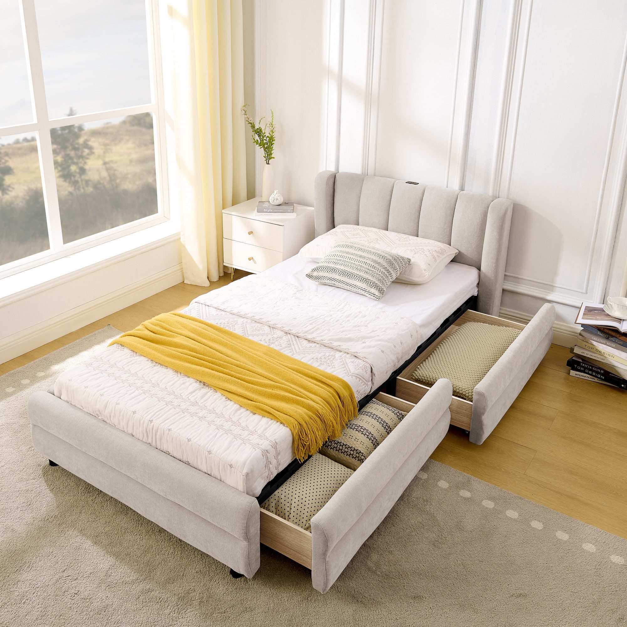 Polsterbett 90x200 cm mit USB- und Type-C-Anschlüssen, Chenille