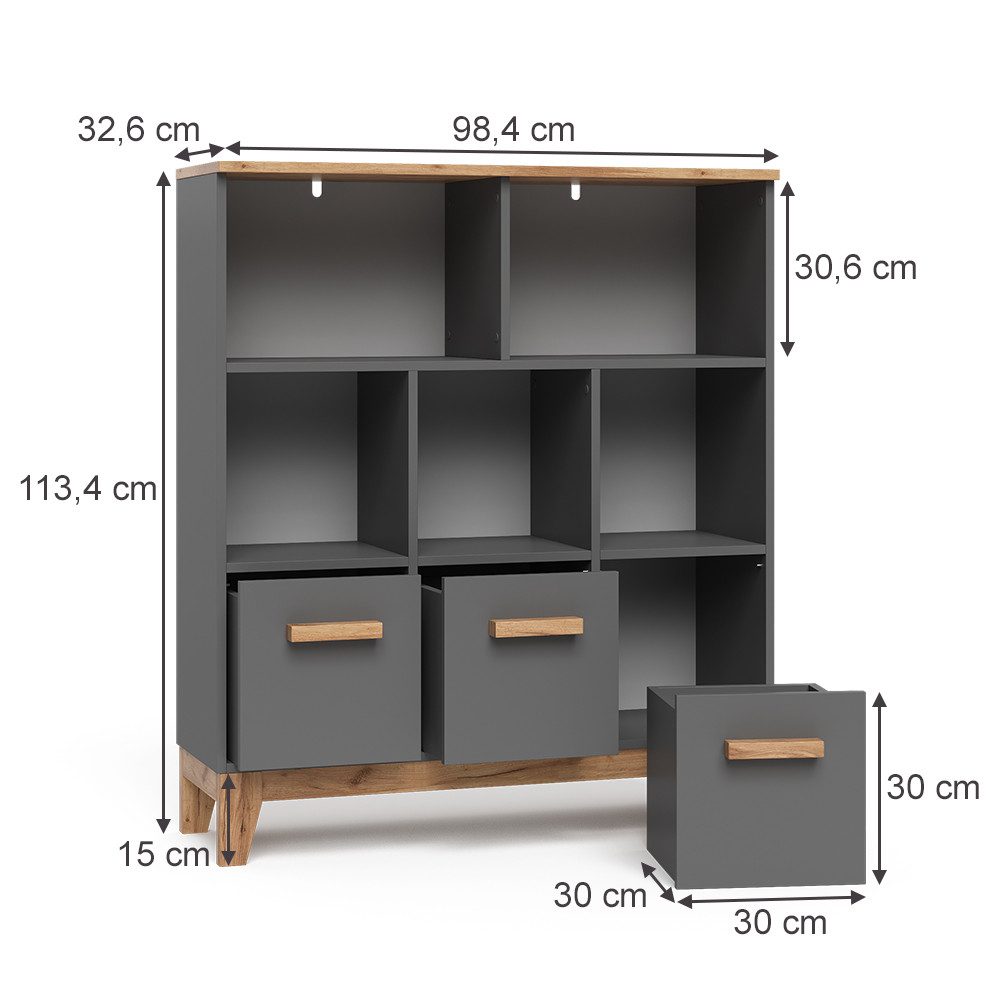 VitaliSpa® Bücherregal Malia, Grau/Artisan/Artisan, 98.4 x 113.4 cm, 1-tlg.