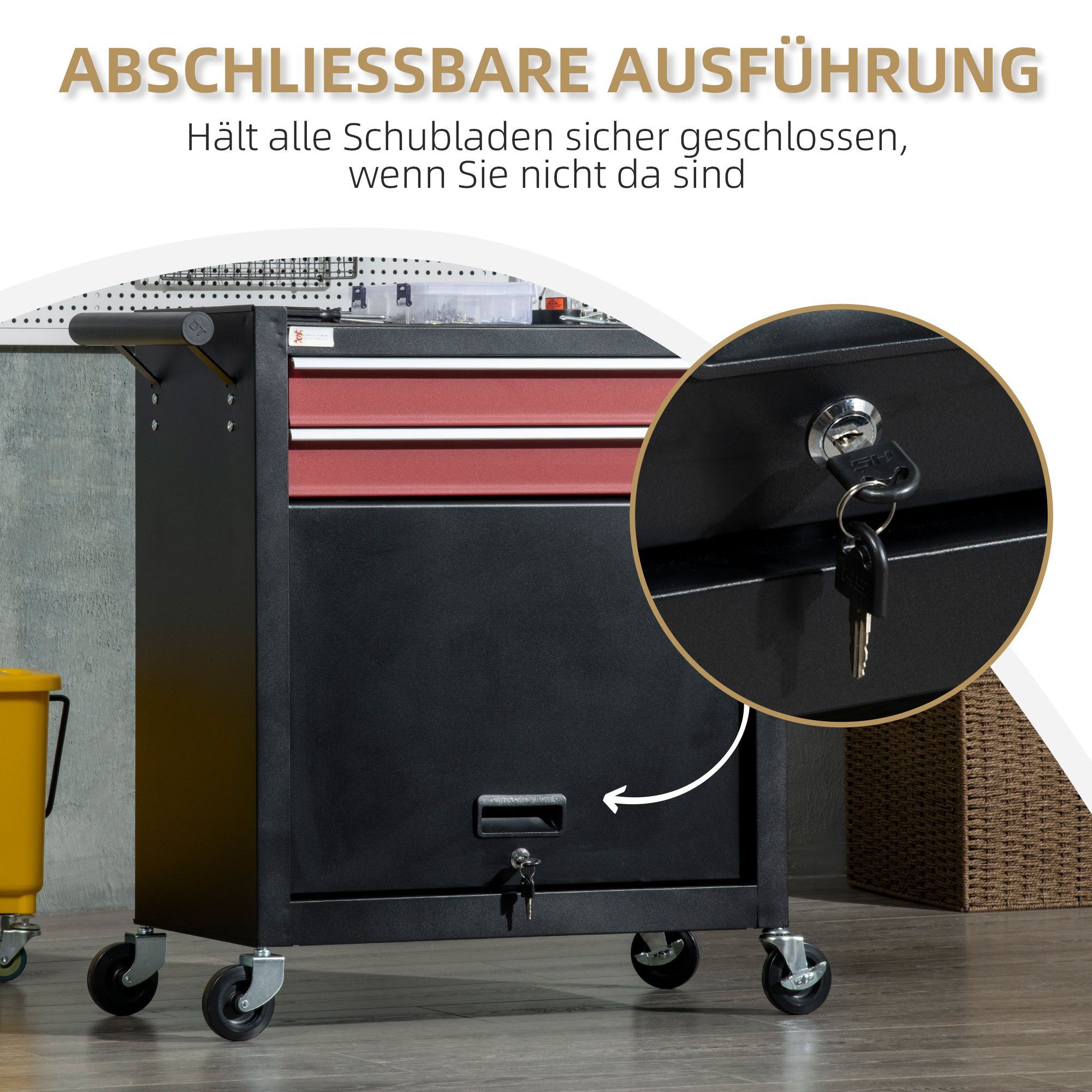 DURHAND Werkstattwagen Mit 3 Ebenen - Mobiler Werkzeugroller Mit Feststellbremse