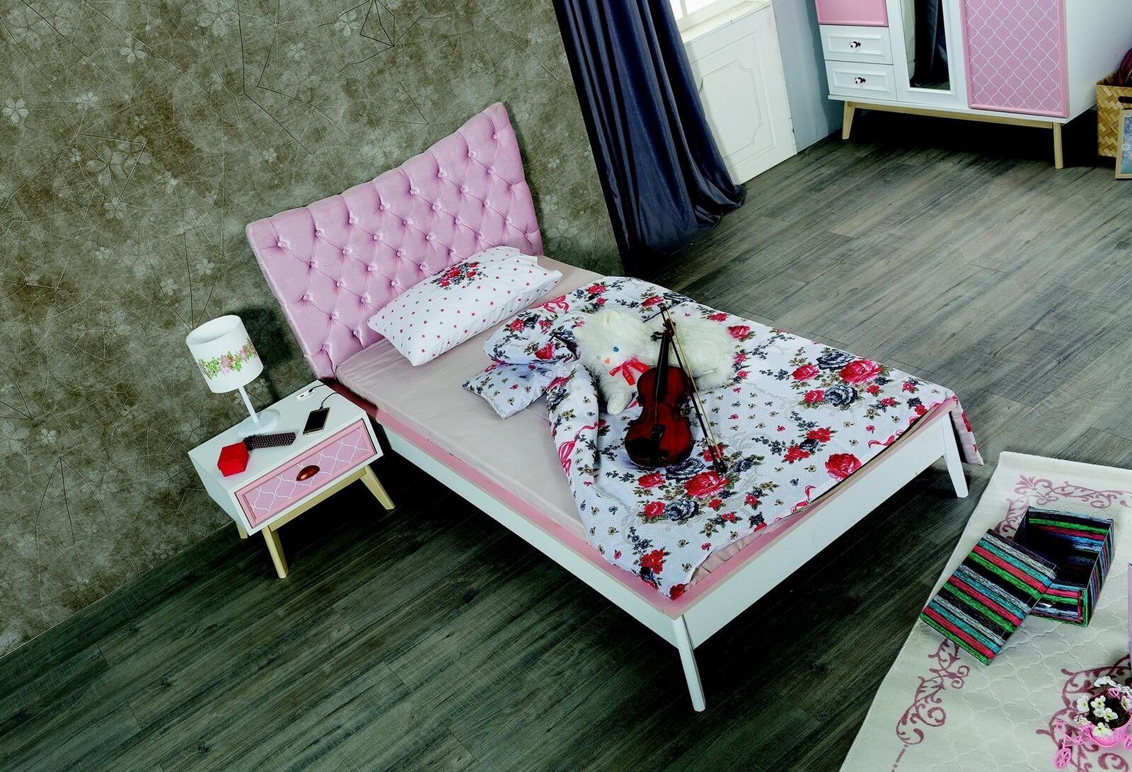 JVmoebel Kinderbett Kinderzimmer Luxus Bett Nachttisch Rosa Set Möbel Design 2tlg. Konsole (Bett/Nachttisch), Made In Europe | Jugendbetten