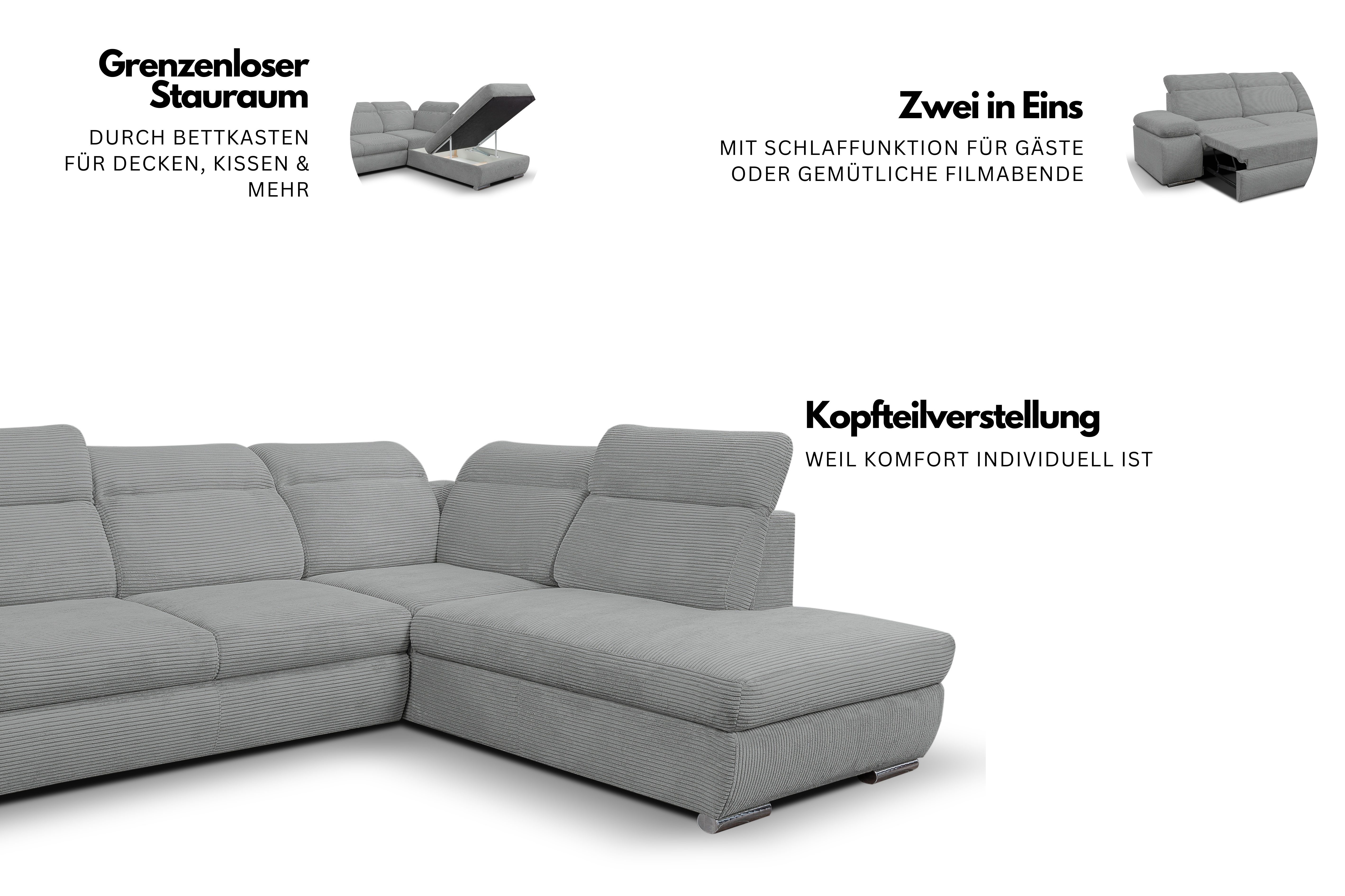 WERK2 Ecksofa Alicante Cord, inkl. Bettfunktion & Bettkasten, Breite 280cm, L-Form, Schlafsofa mit Bettkasten & verstellbaren Kopfstützen.