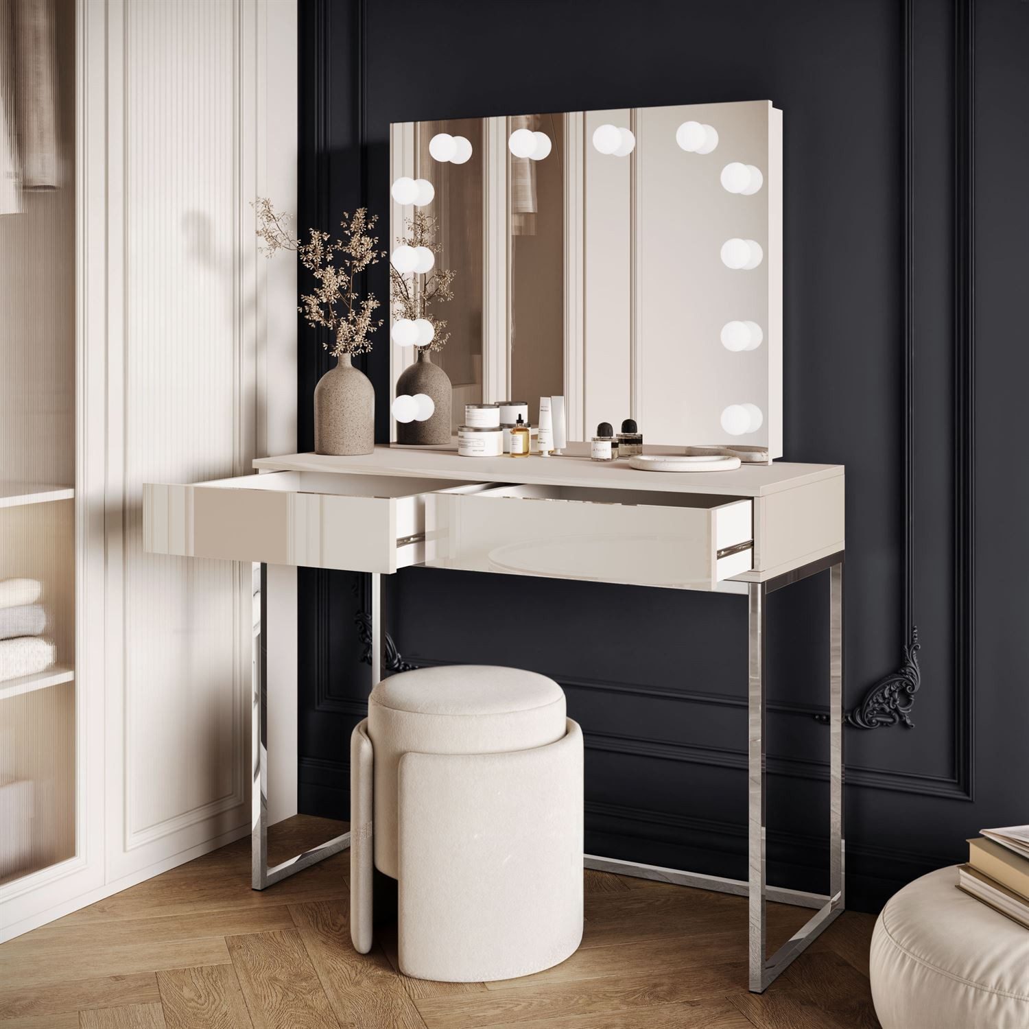 Lookway Schminktisch BLANCO KASCHMIR ELITE auf verchromtem Gestell (x Konsole, 1x Spiegel mit Led Beleuchtung), Breite: 100 cm