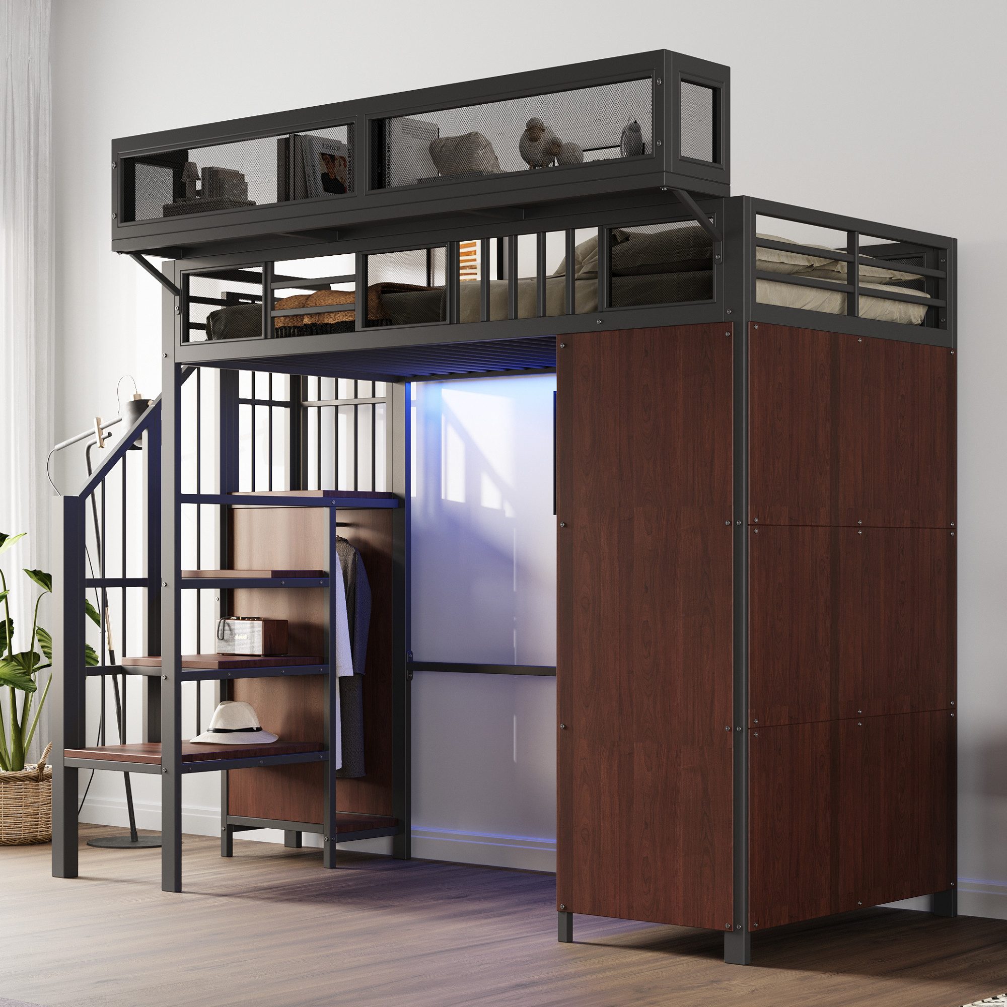 Merax Hochbett 90×200cm mit LED-Beleuchtung (Loftbett, 1-St., Jugendbett Einzelbett Mehrzweckbett) Metallbett Kinderbett mit Kleiderschrank, Stauraumtreppe & Ablagefach