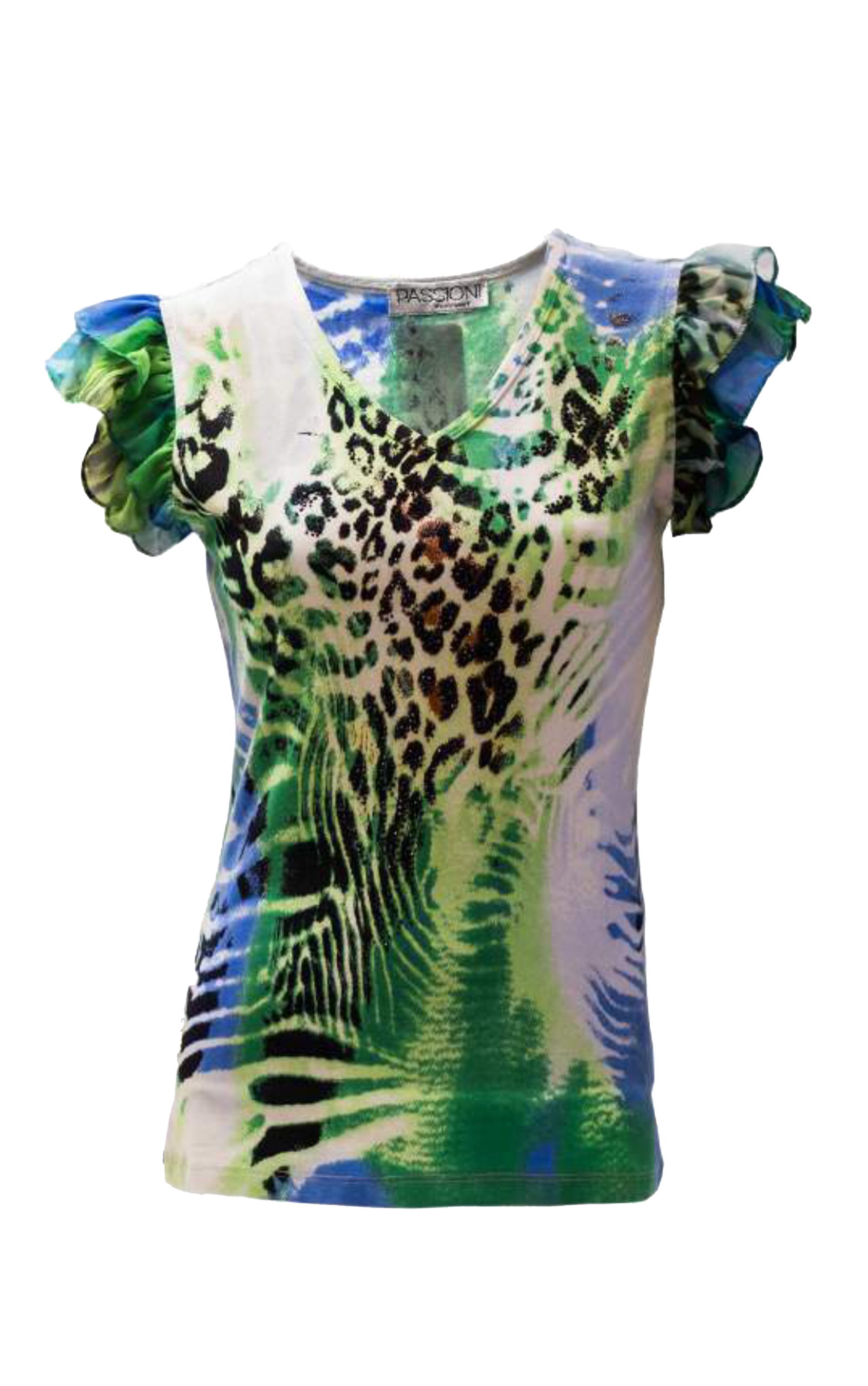 Passioni T-Shirt mit tropischem Blumen- und Leopardenmuster und Rüschenärmeln
