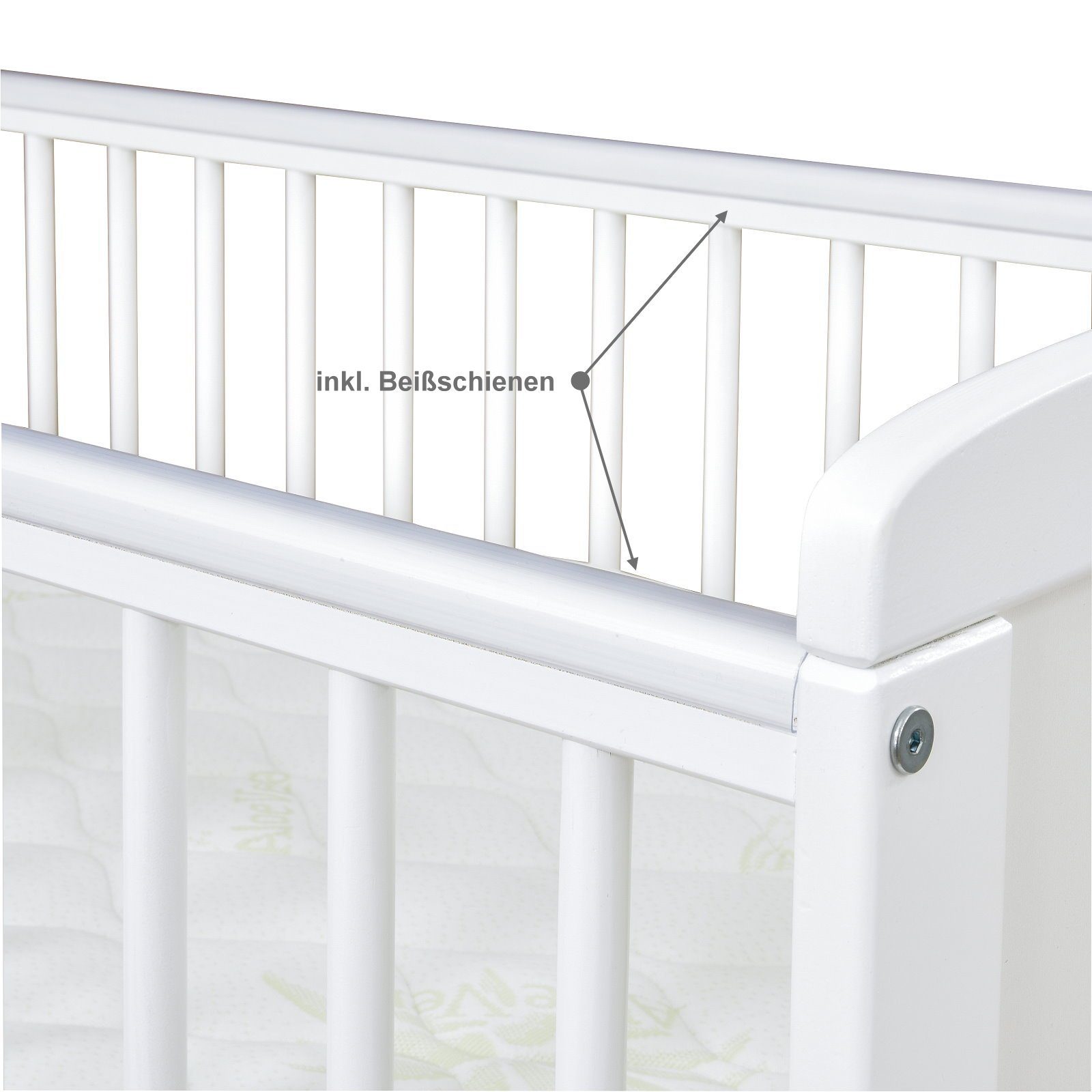 Baby-Delux Babybett Luna Teddy Wippe, Kinderbett Gitterbett 140x70 weiß mit Beißschienen Schublade, Matratze