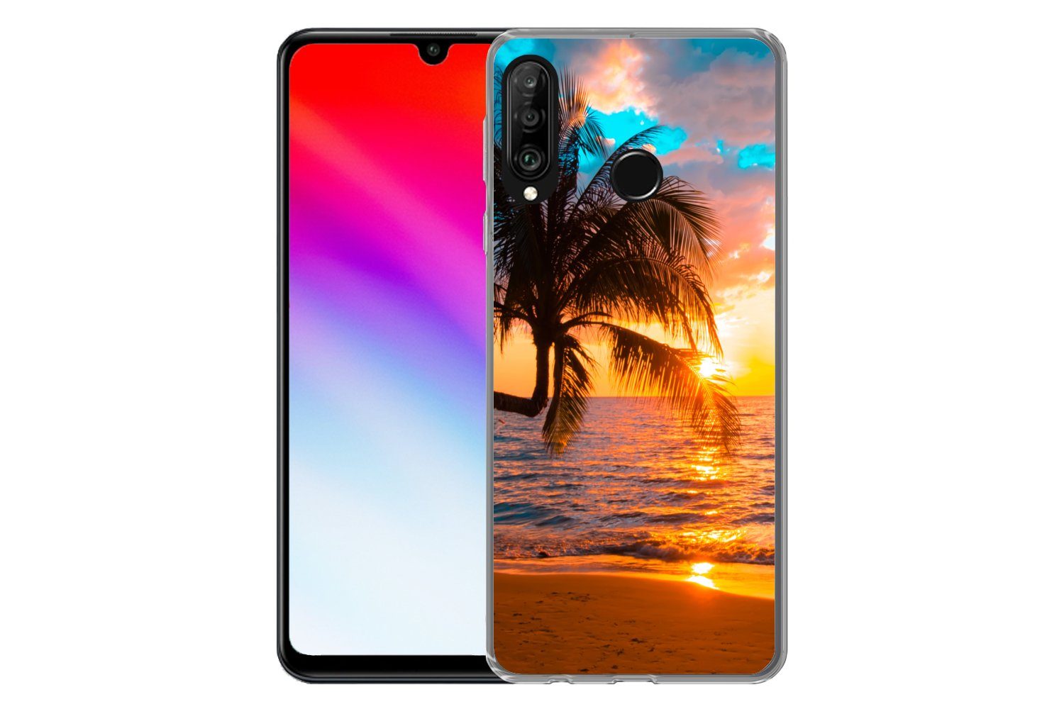 MuchoWow Handyhülle für Huawei P30 Lite Palme - Sonnenuntergang - Horizont - Strand - Meer, Handy Case, Silikon, Bumper Case Dünn