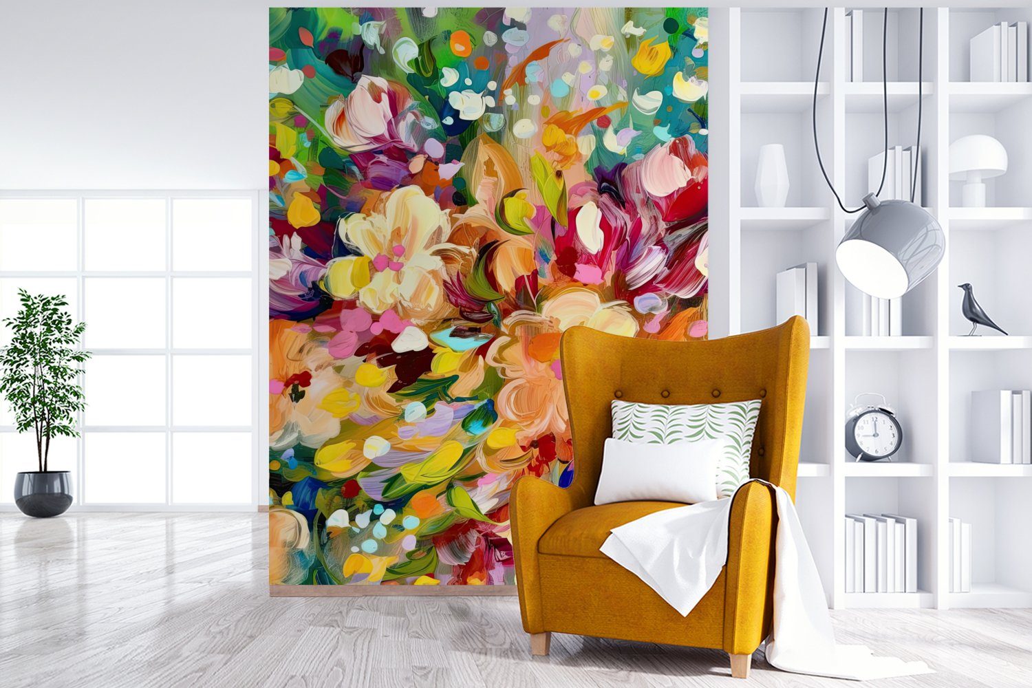 - - Montagefertig Wohnzimmer, bedruckt, Wandtapete Matt, St), Ölfarbe Tapete - Blumen (4 Gemälde Vinyl Regenbogen, Fototapete MuchoWow für