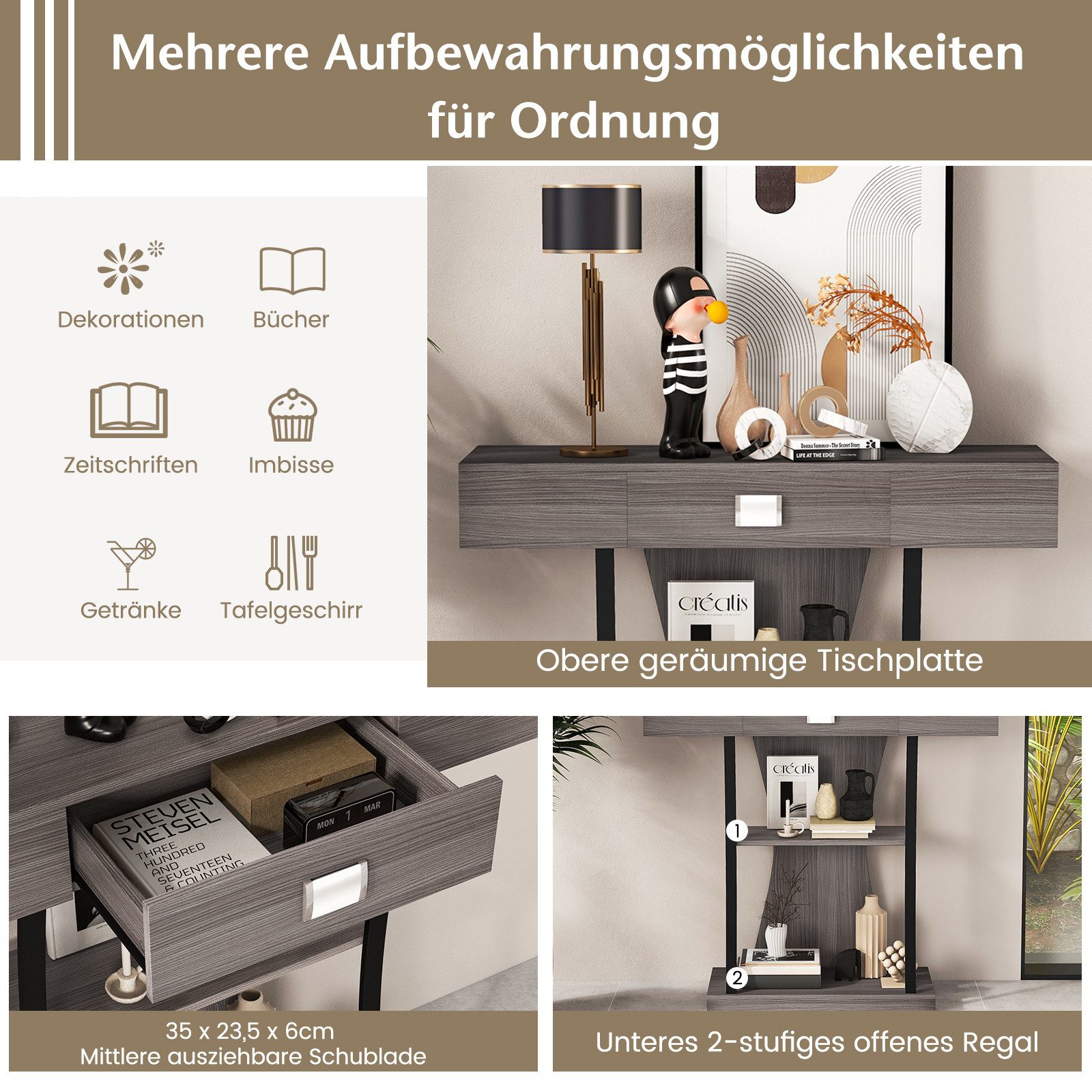 COSTWAY Konsolentisch, Schmal mit Schubladen & Ablagen, Flurtisch Holz