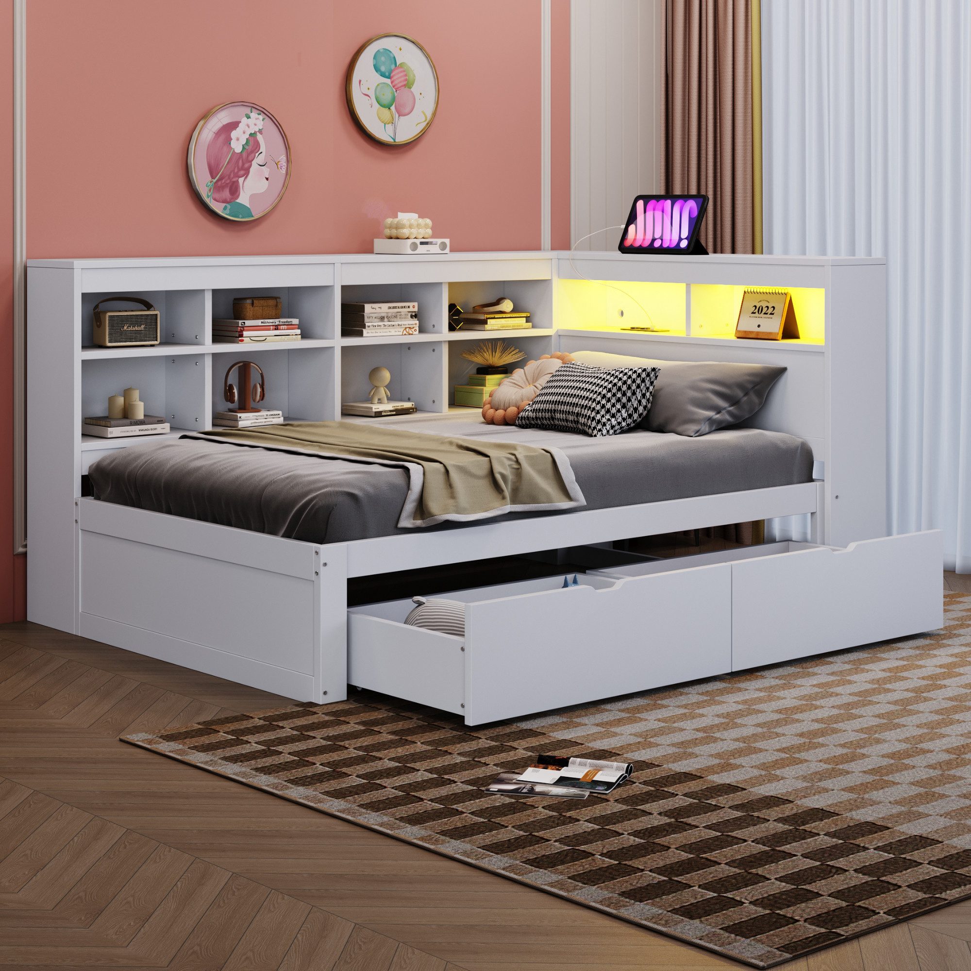 Odikalo Massivholzbett Holzbett Schlafsofa 90x200 USB LED Regal Stauraum Ablagefach Weiß/Grau