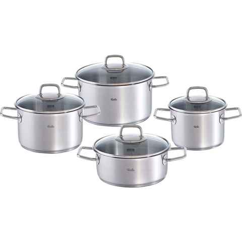 Fissler Topf-Set Viseo Topf-Set, Edelstahl 18/10 (Set, 8-tlg., 1x Bratentopf 20 cm, je 1x Kochtopf 16/20/24 cm), Induktionsgeeignet, Mess-Skala, Made in Germany