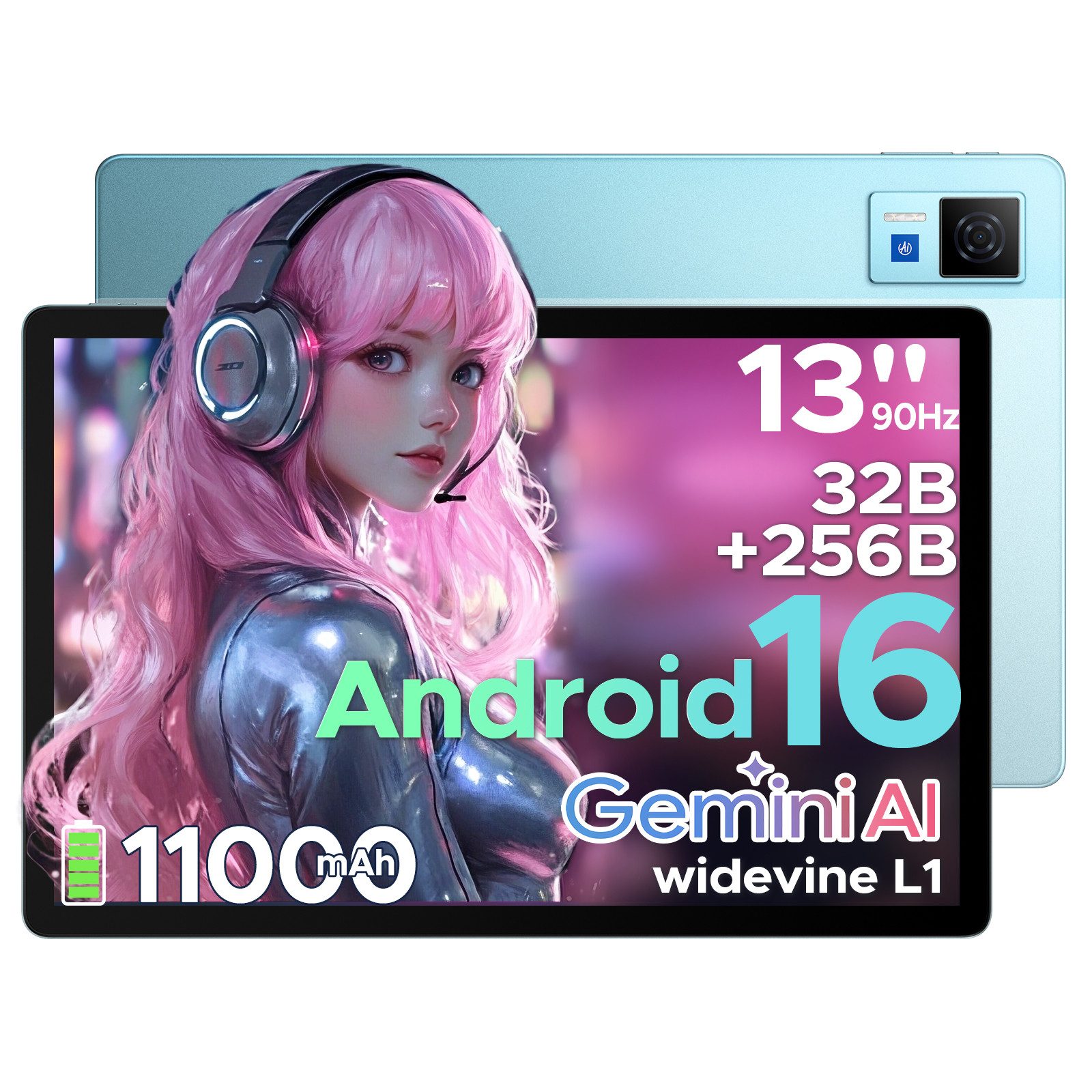 DOOGEE U13 Android 16 11000mAh Tablet 13 Zoll FHD+ 90Hz Display 6GB+256GB Tablet (13", Android 16, 13MP+8MP Kameras, ultradünn 7,8mm, WiFi5, GPS, Face ID, OTG, FM)