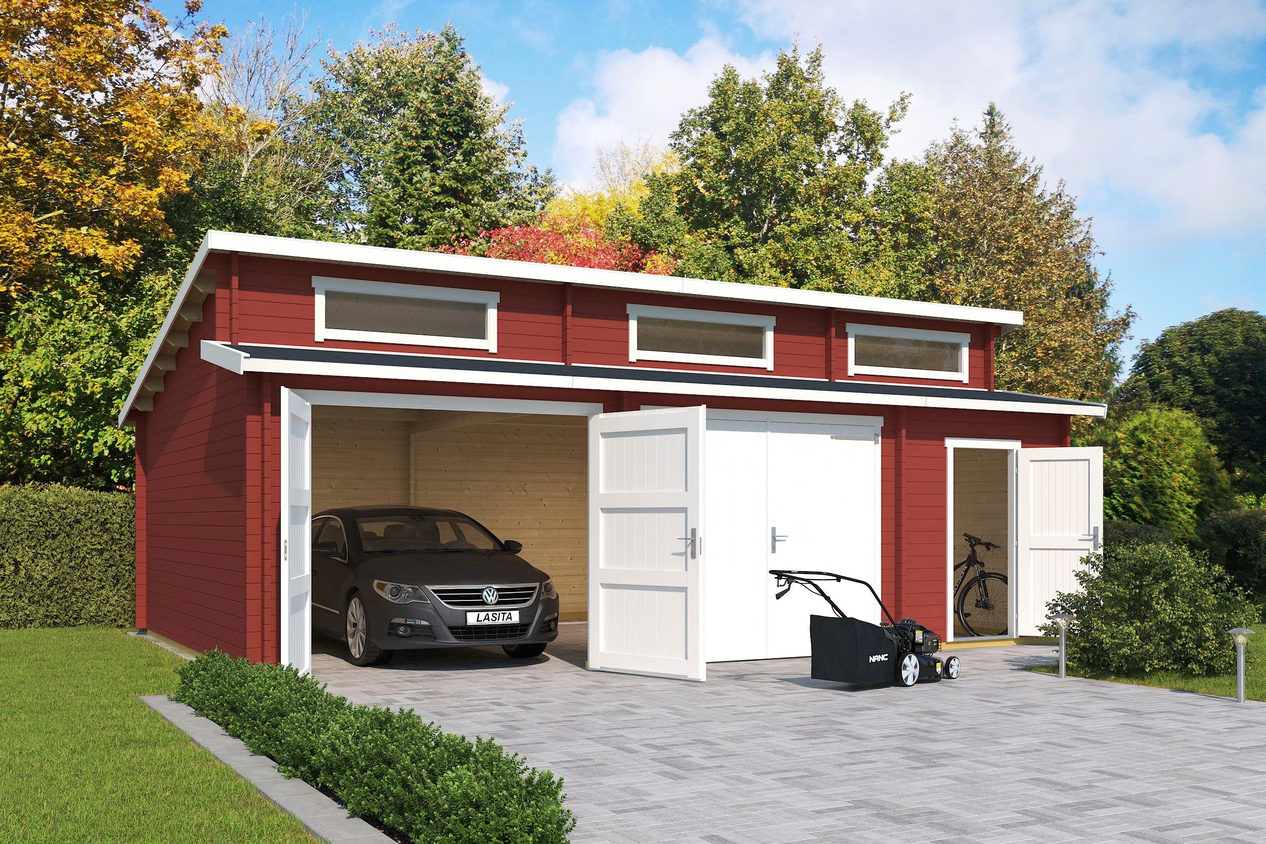 LASITA 2 Garage Für Fahrzeuge geeignet), MAJA Hawaii + Garage 2 (Set, schwedenrot Holztoren