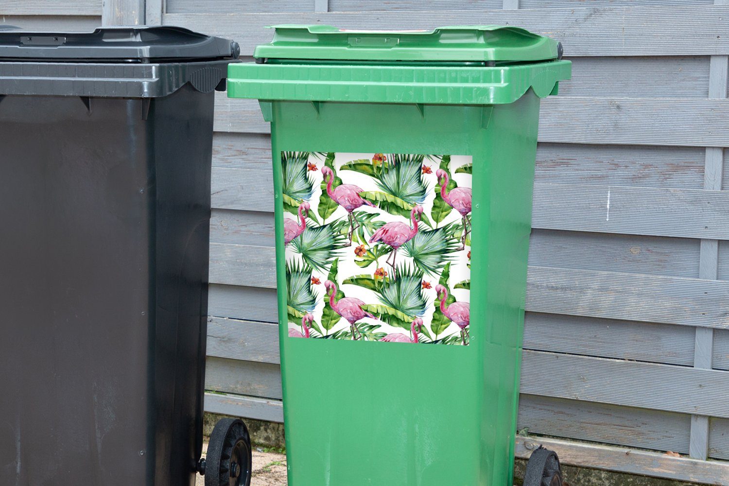 Dschungel St), Wandsticker Blumen - Blätter Sticker, Mülltonne, - - Mülleimer-aufkleber, Abfalbehälter Flamingo MuchoWow (1 Container,