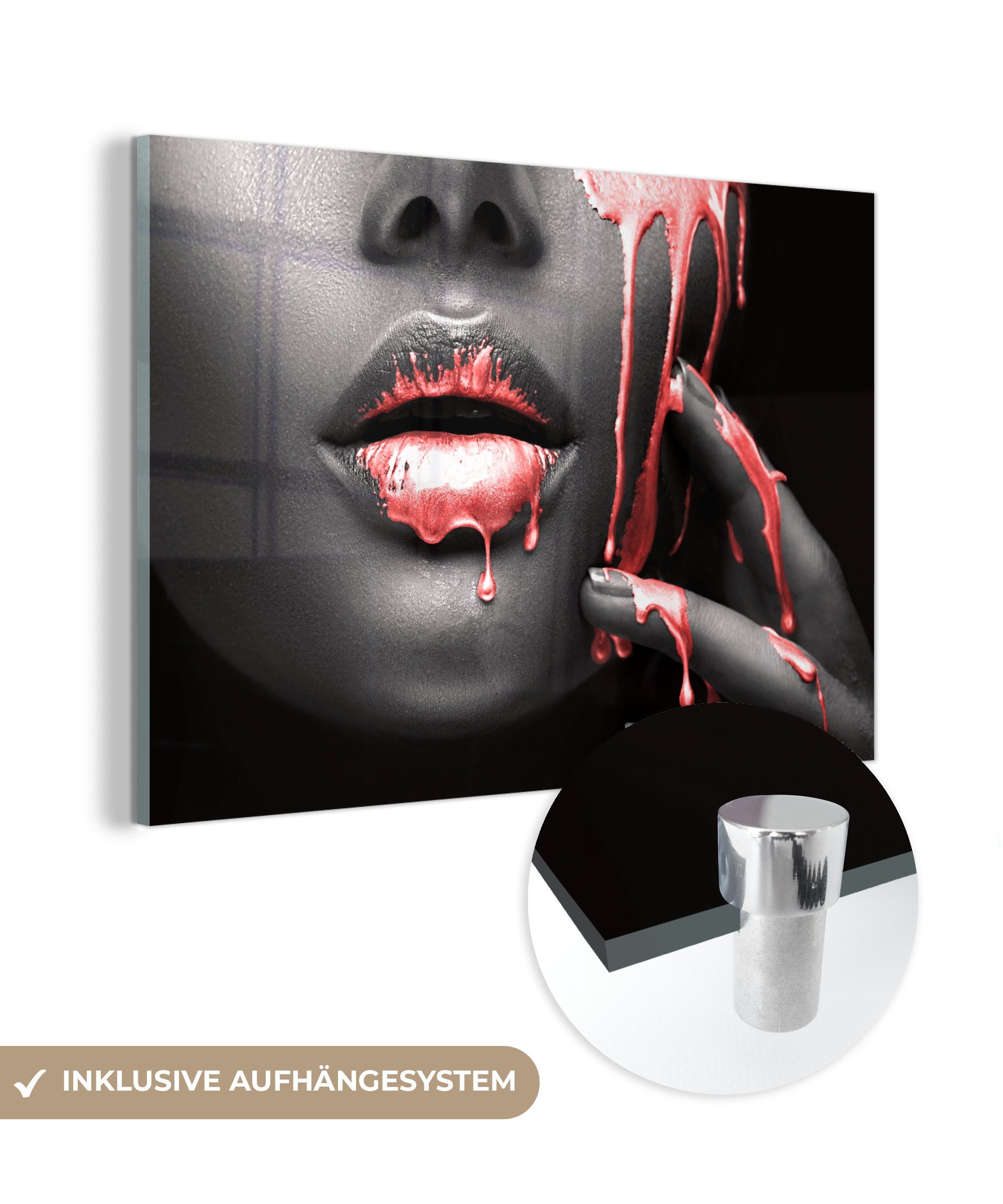 - MuchoWow Wanddekoration Glasbilder St), Glas (1 - Wandbild auf Glas auf Schwarz, - - Rot - Lippen Acrylglasbild Bilder Foto