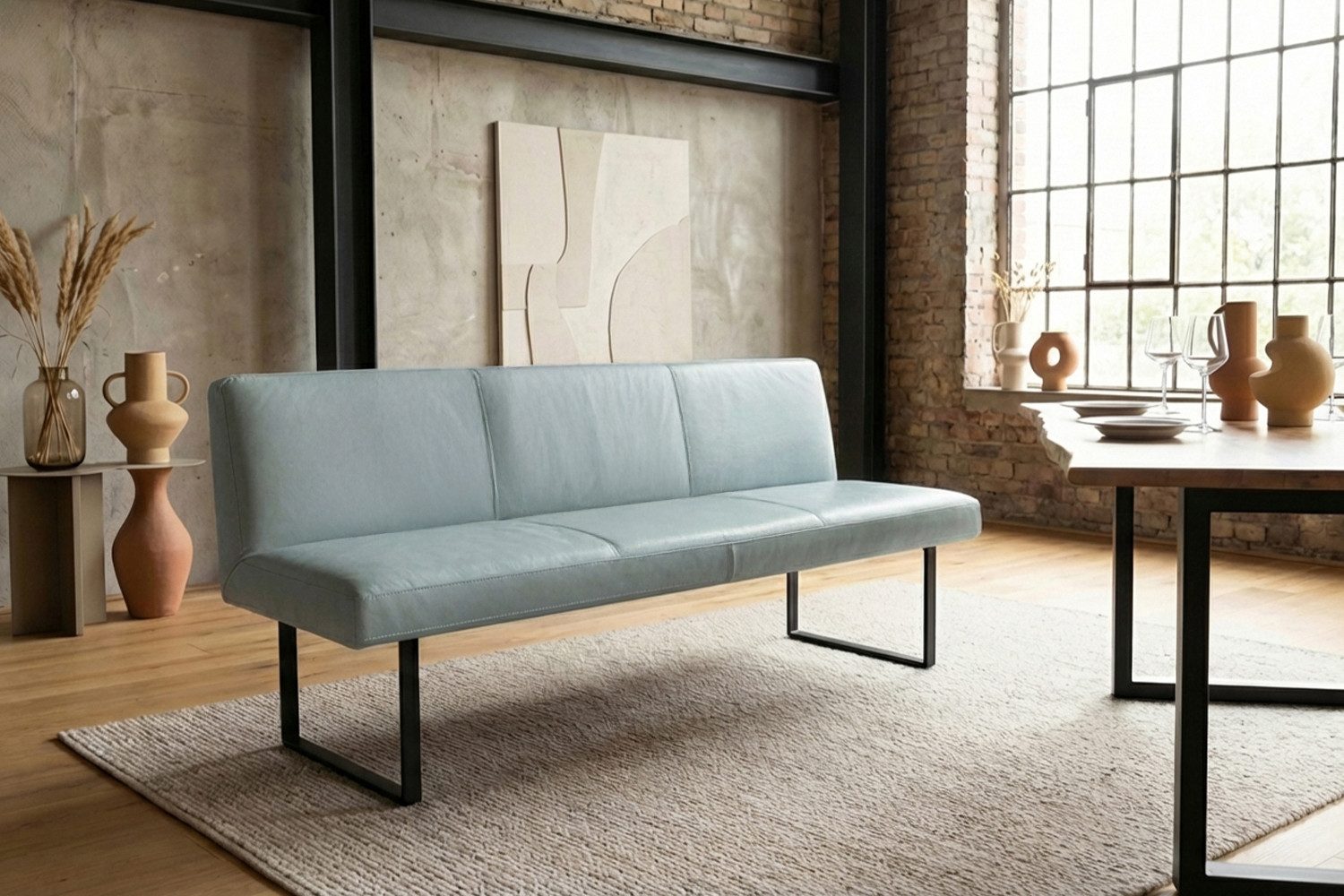 KAWOLA Sitzbank ELEEN Esszimmerbank Leder pigmentiert – modernes Design, 243 cm Breite, hoher Sitzkomfort, Metallgestell schwarz