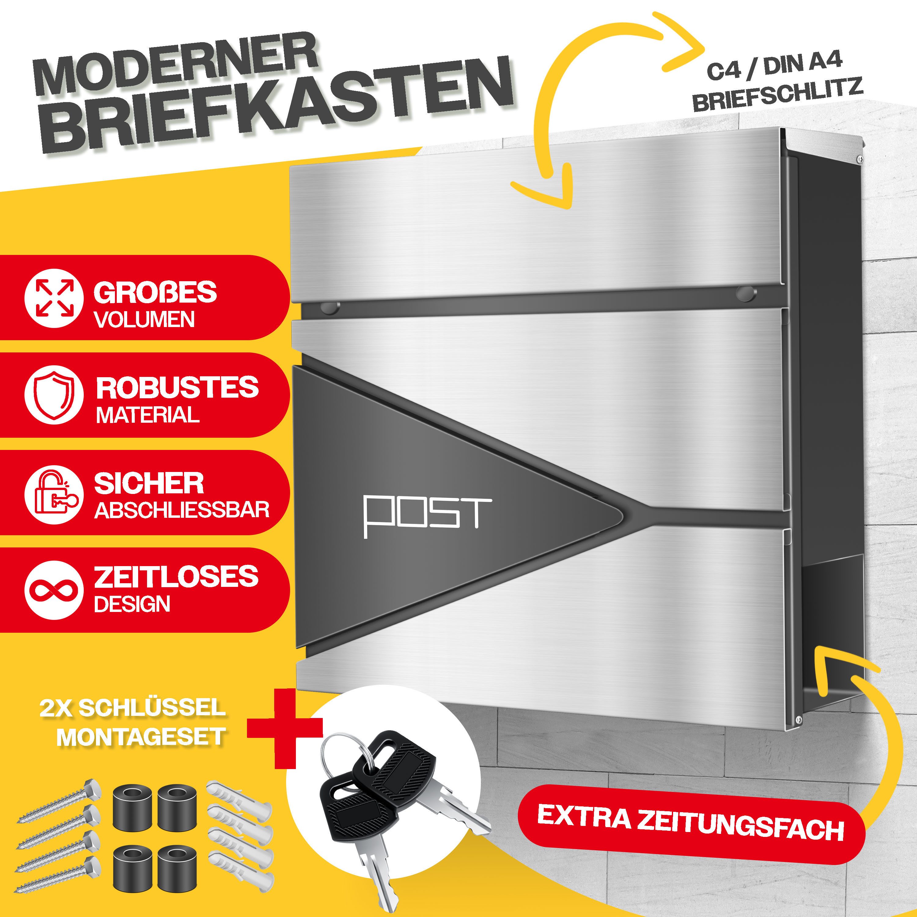 KESSER Briefkasten, mit Zeitungsfach Wandmontage Wandbriefkasten Edelstahl